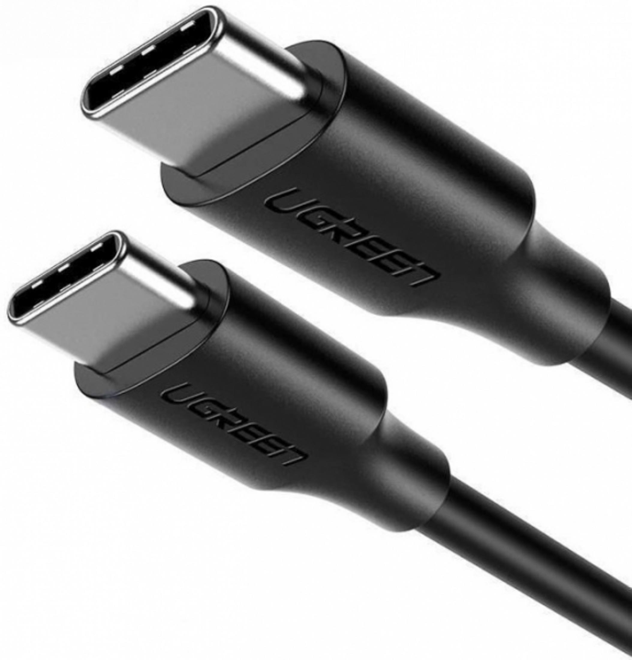 Due cavi USB-C neri con connettori argentati su sfondo bianco.