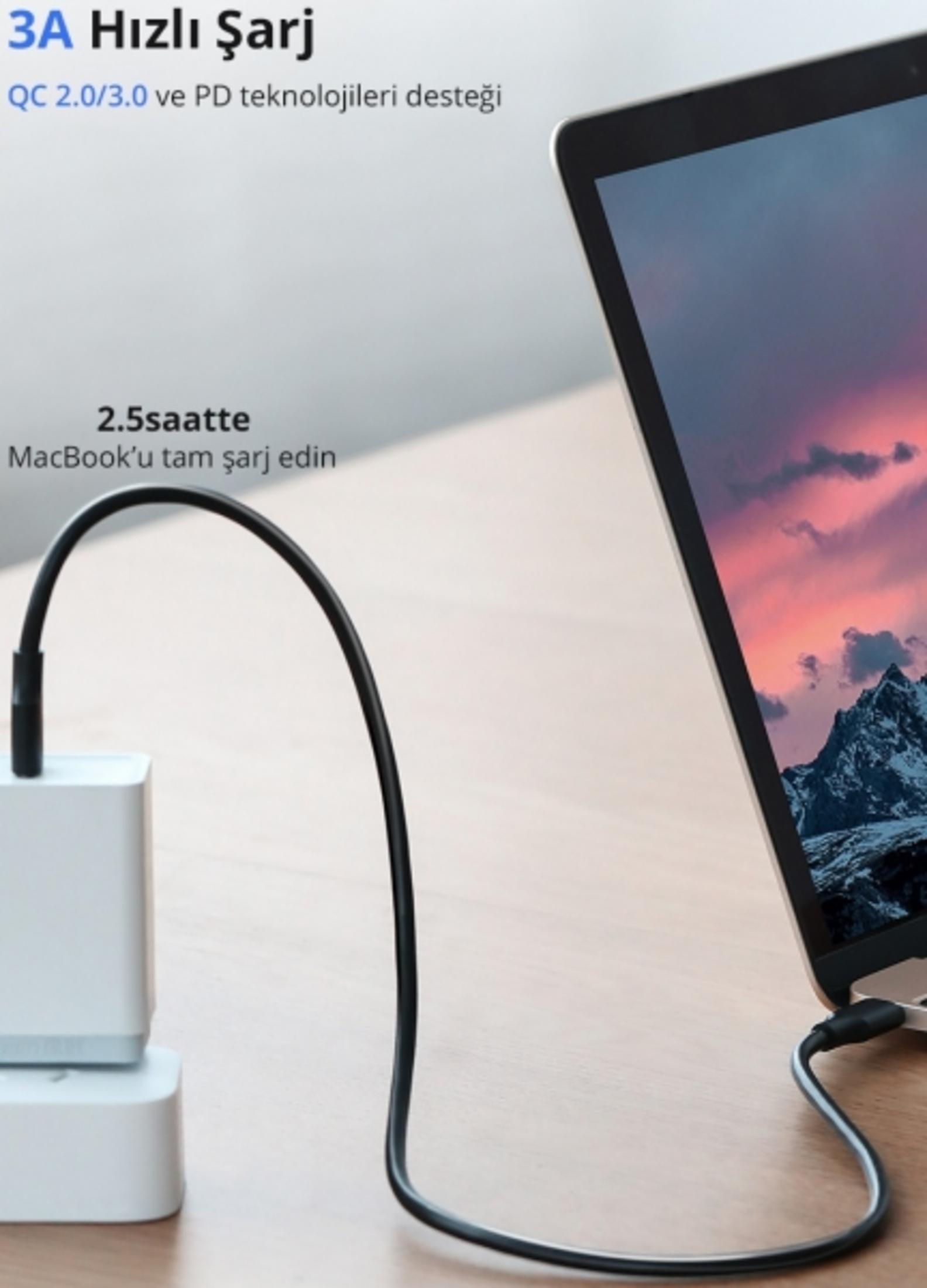 Un caricatore bianco si collega a un MacBook, supporta la tecnologia QC 2.0/3.0 e PD.