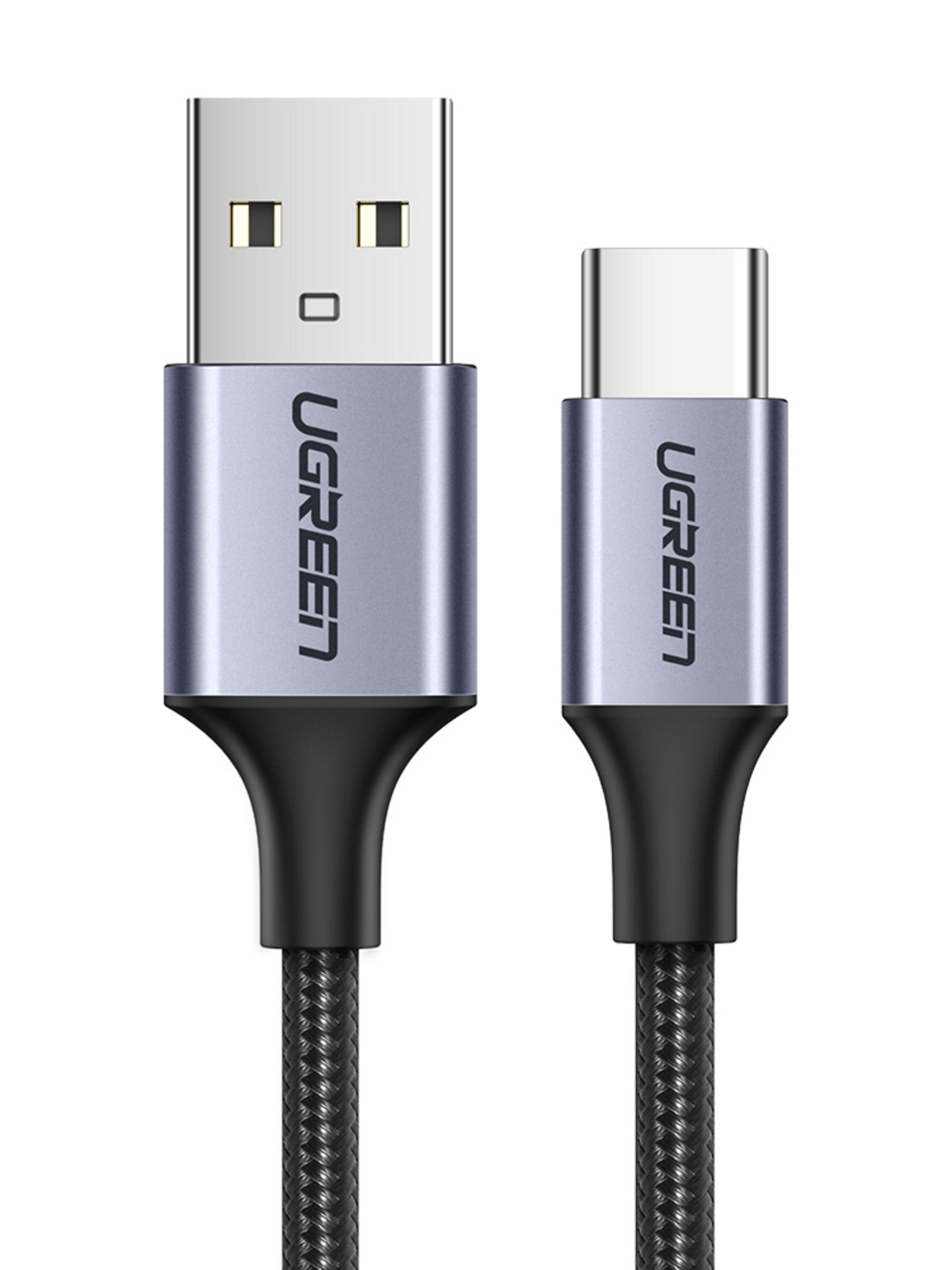 A USB-A and a USB-C connector on a braided cable.