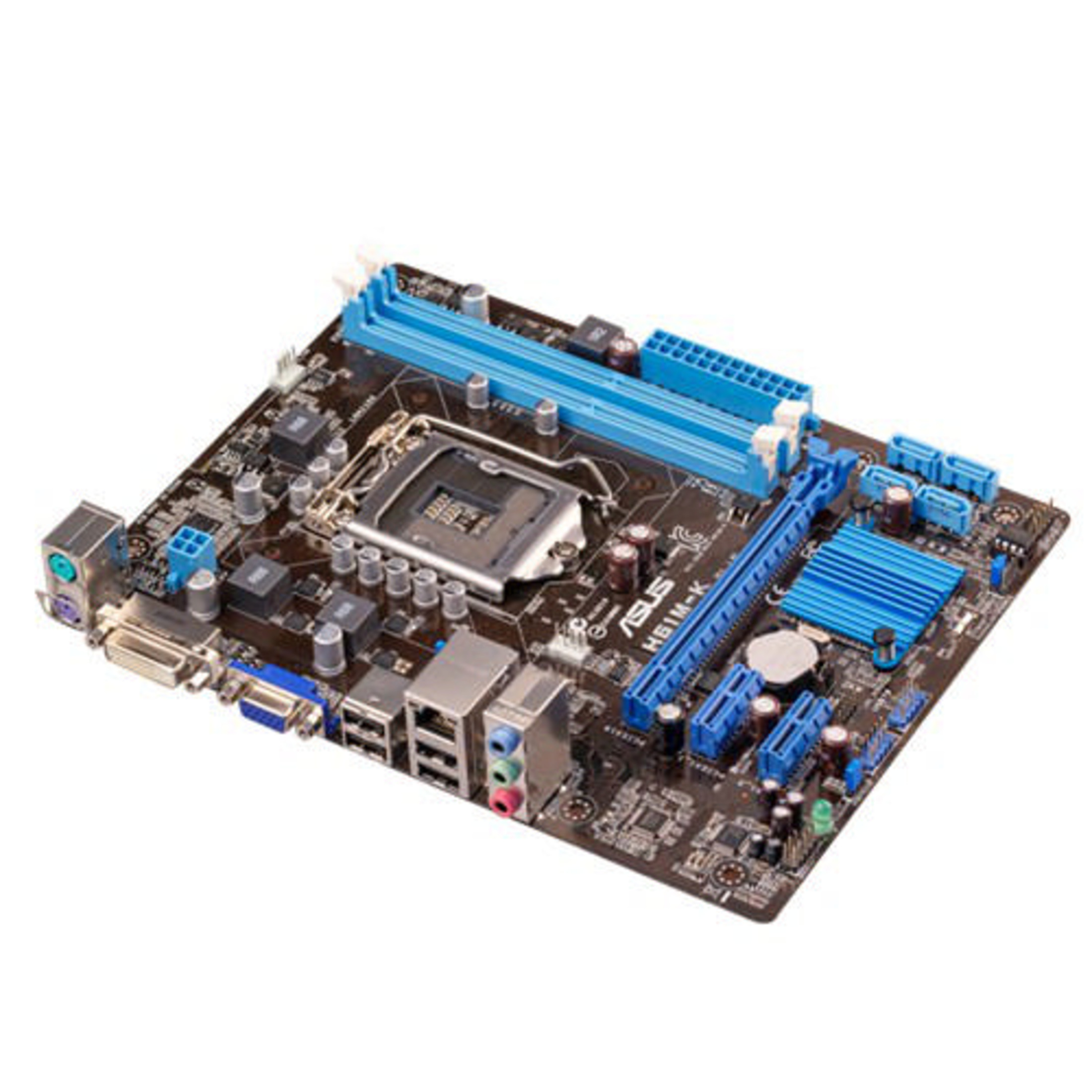 Una scheda madre per computer con slot RAM e dissipatori blu.