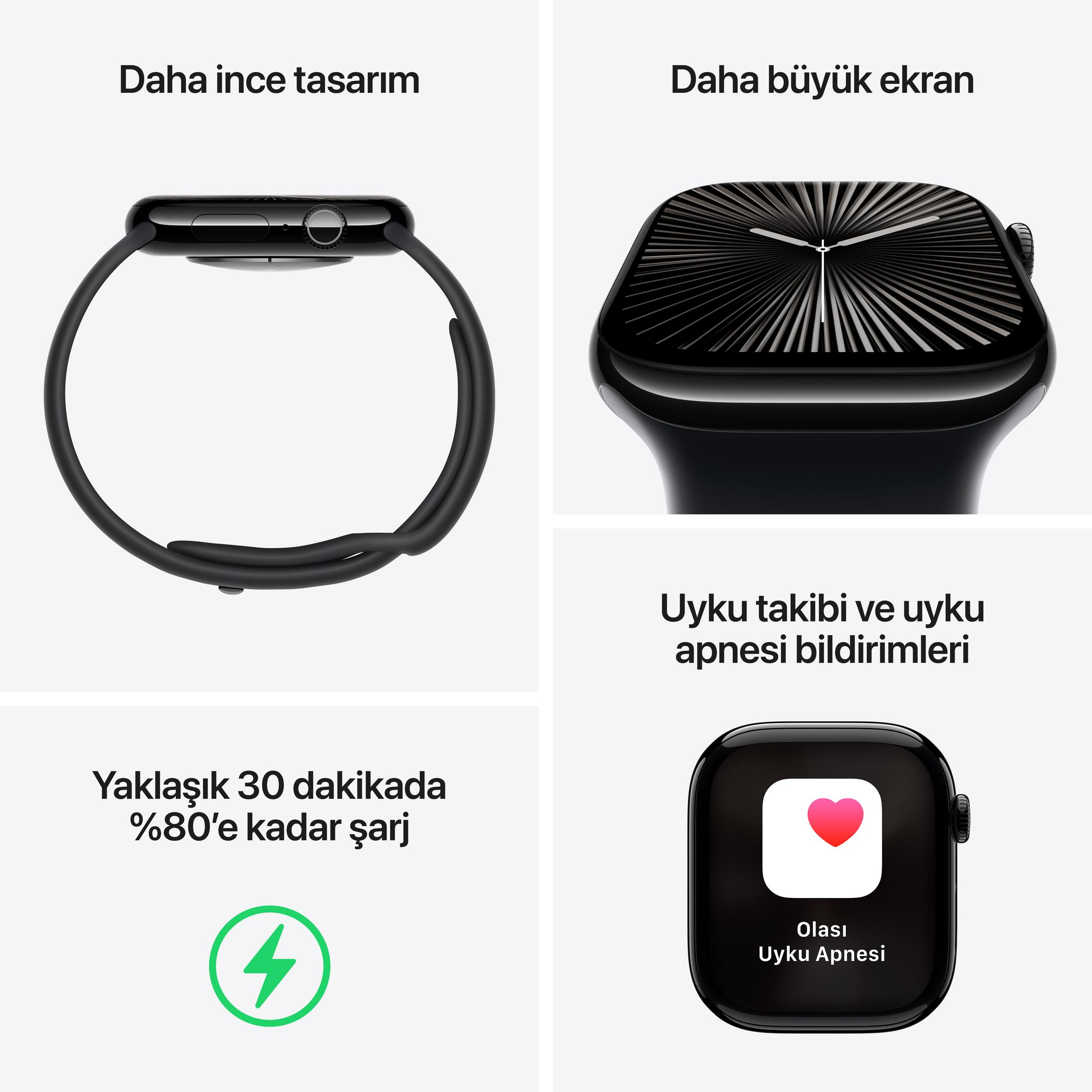 İnce tasarımlı, büyük ekranlı siyah akıllı saat, şarj ikonu ve uyku uygulaması.