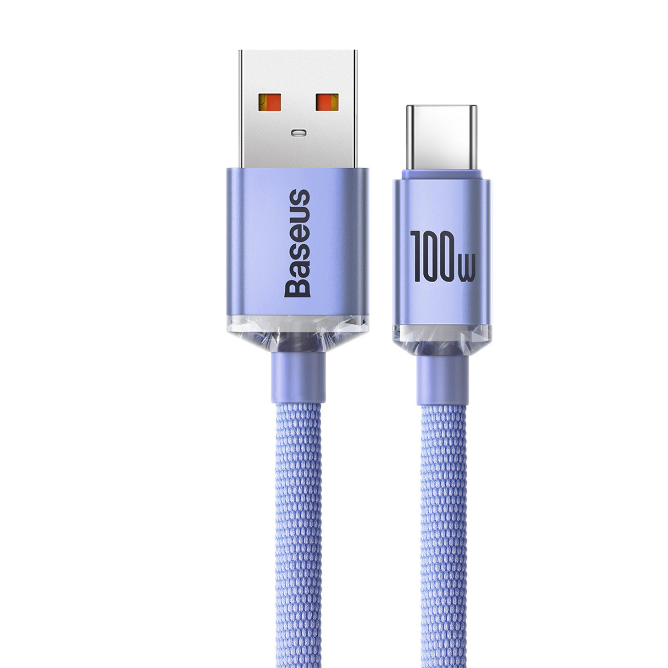 Un cavo USB-C blu con logo Baseus e marcatura 100W.