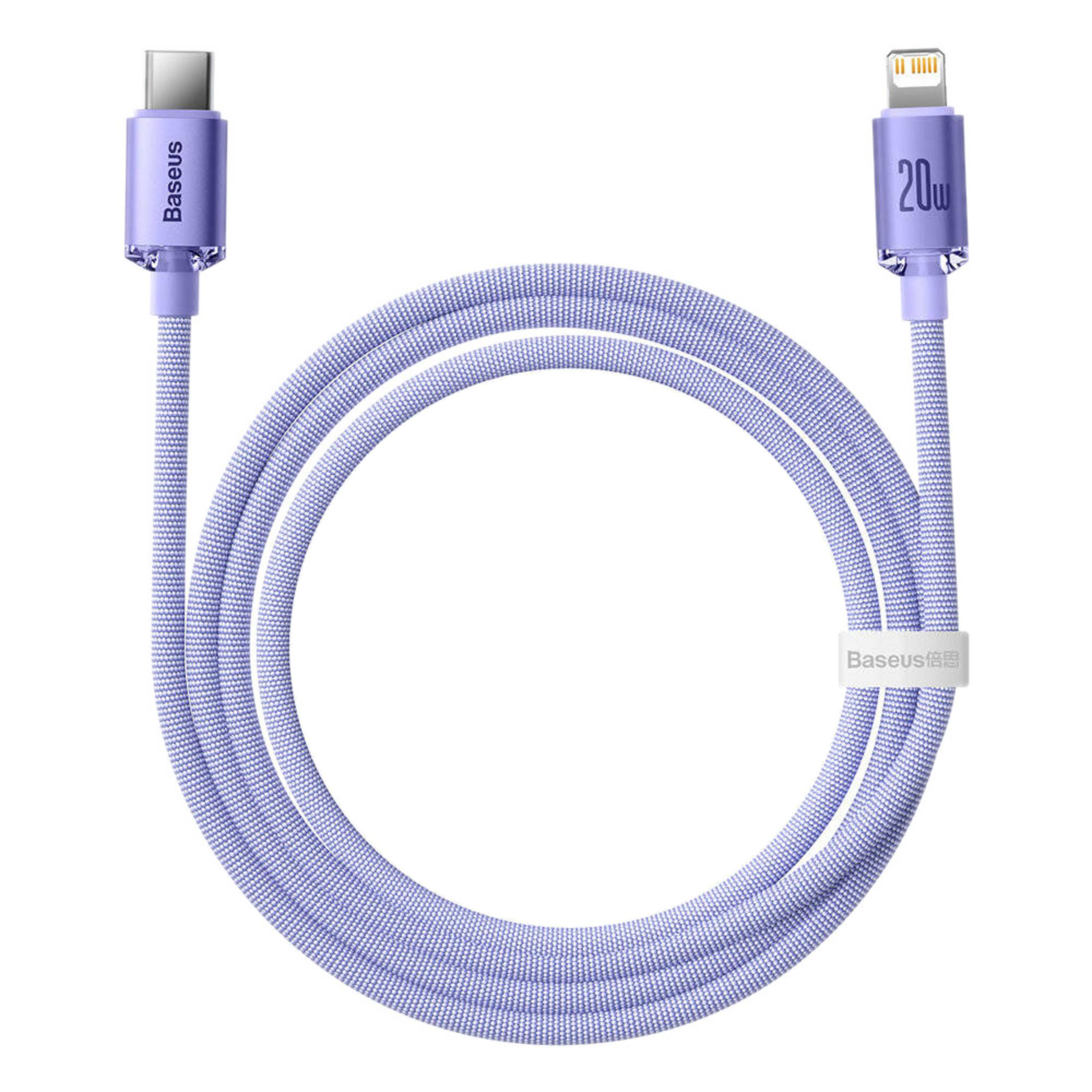 Un cavo di ricarica Baseus viola con connettori USB-C e Lightning, 20W.