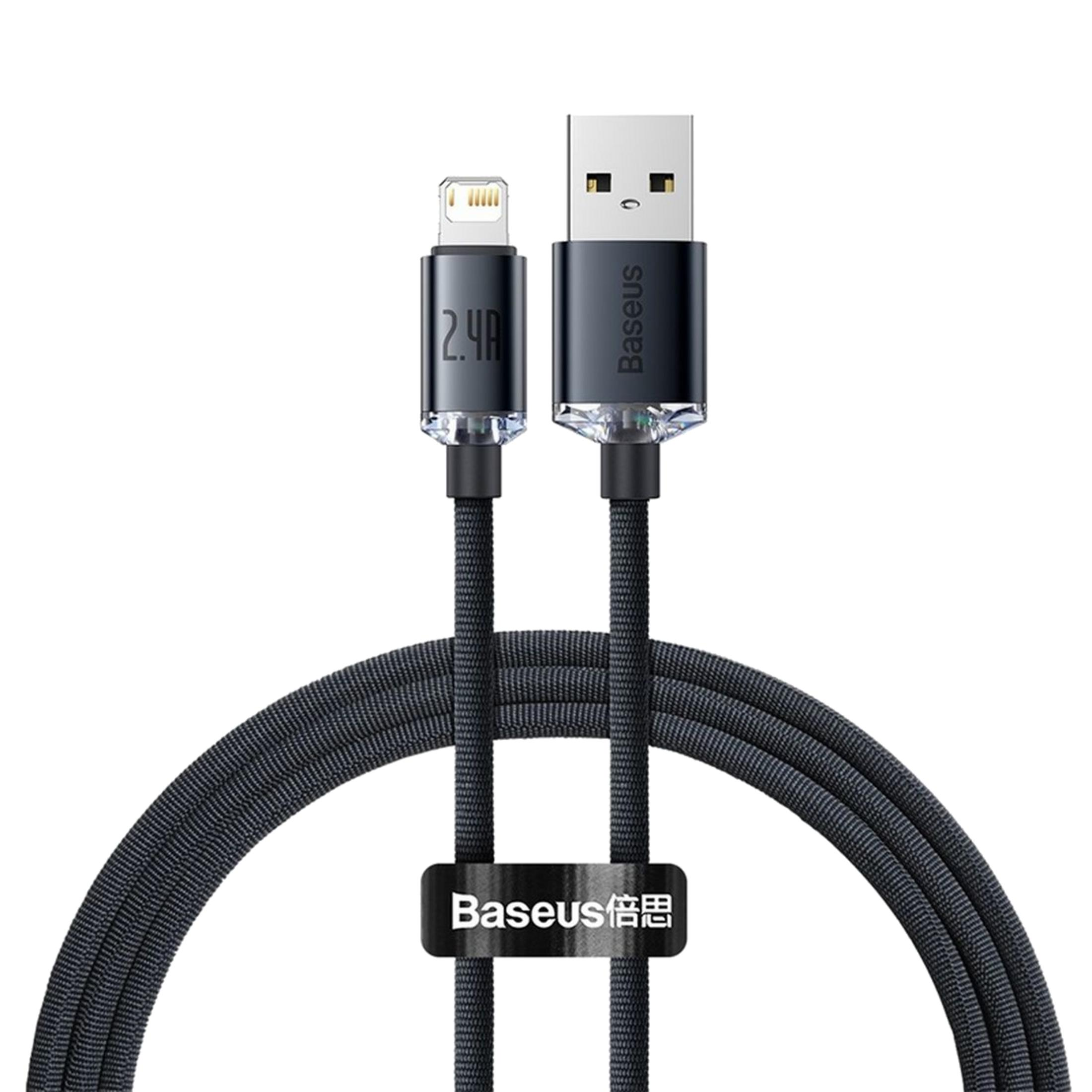 Un cavo Baseus da USB-A a Lightning nero con corda intrecciata in tessuto.