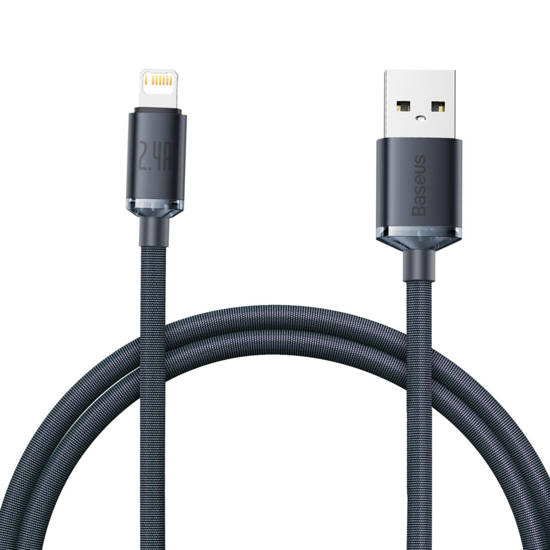 Un cavo da USB-A a Lightning grigio con treccia in tessuto e connettori metallici.
