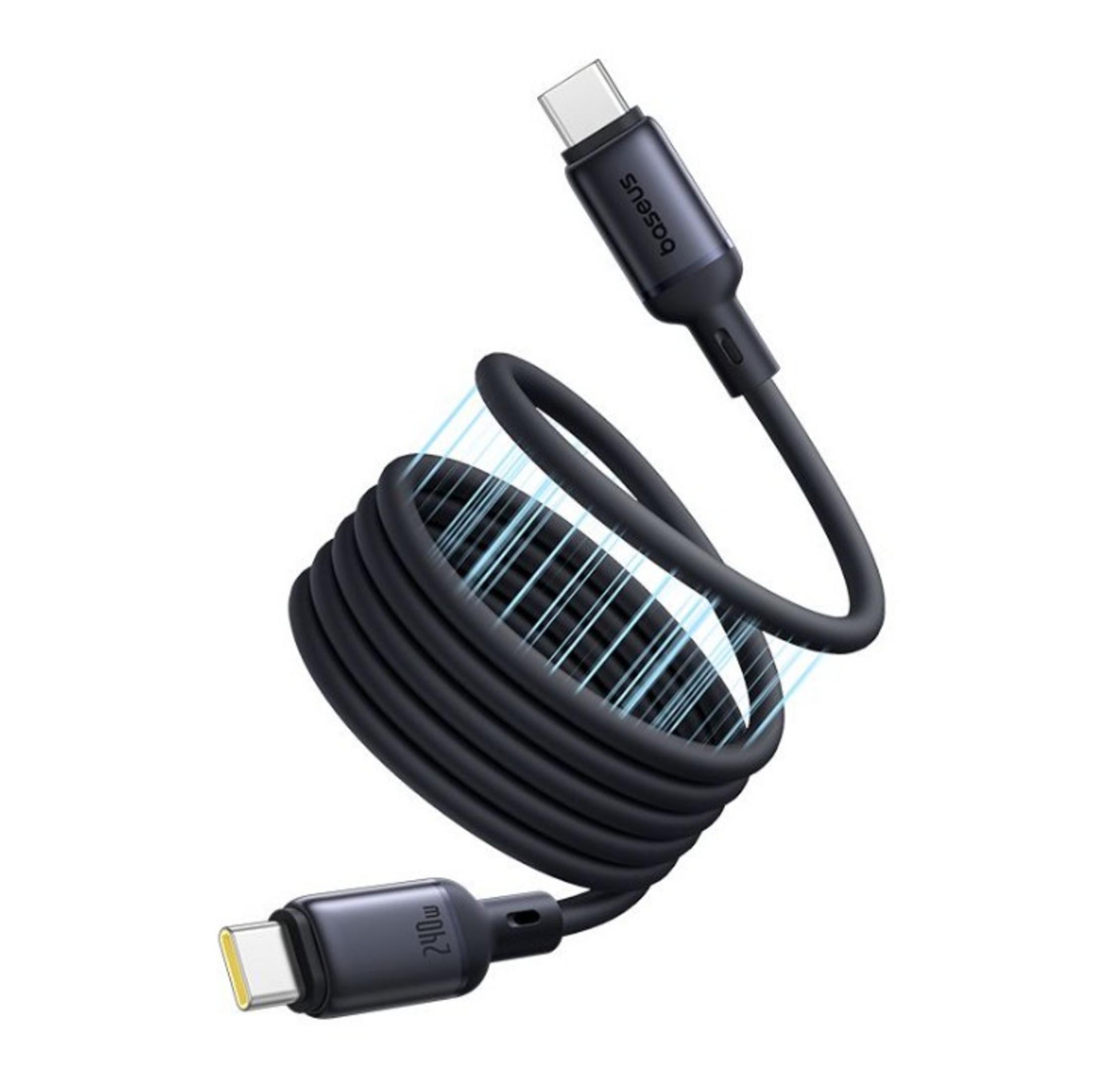 Un cavo USB-C nero con due connettori, arrotolato.