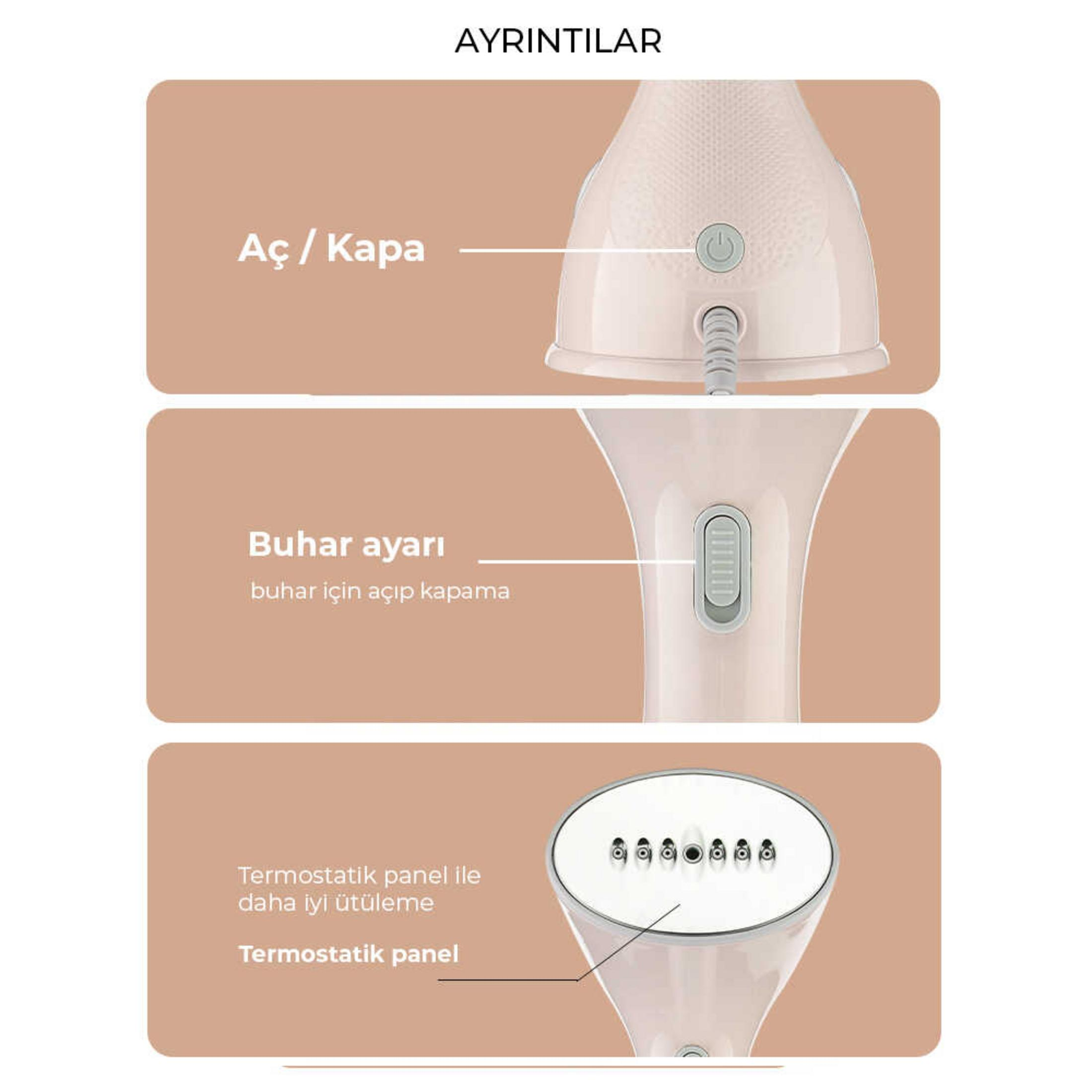 Açma/kapama düğmeli ve buhar ayarlı açık pembe giysi buharlayıcı.