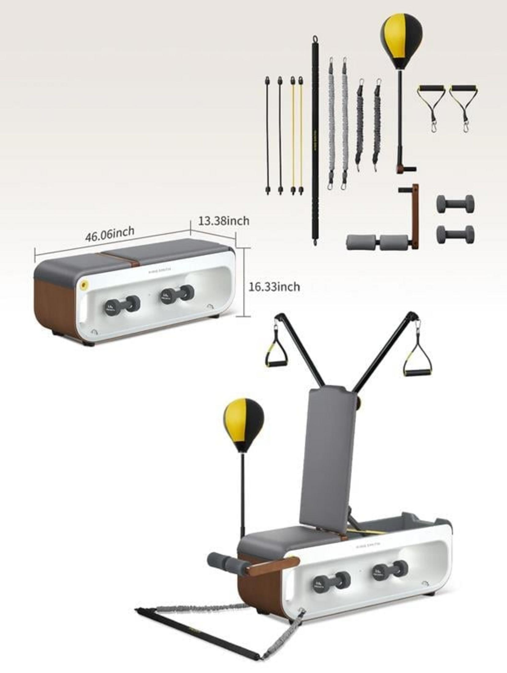 A fitness machine with dumbbells, a punching bag, and resistance bands.