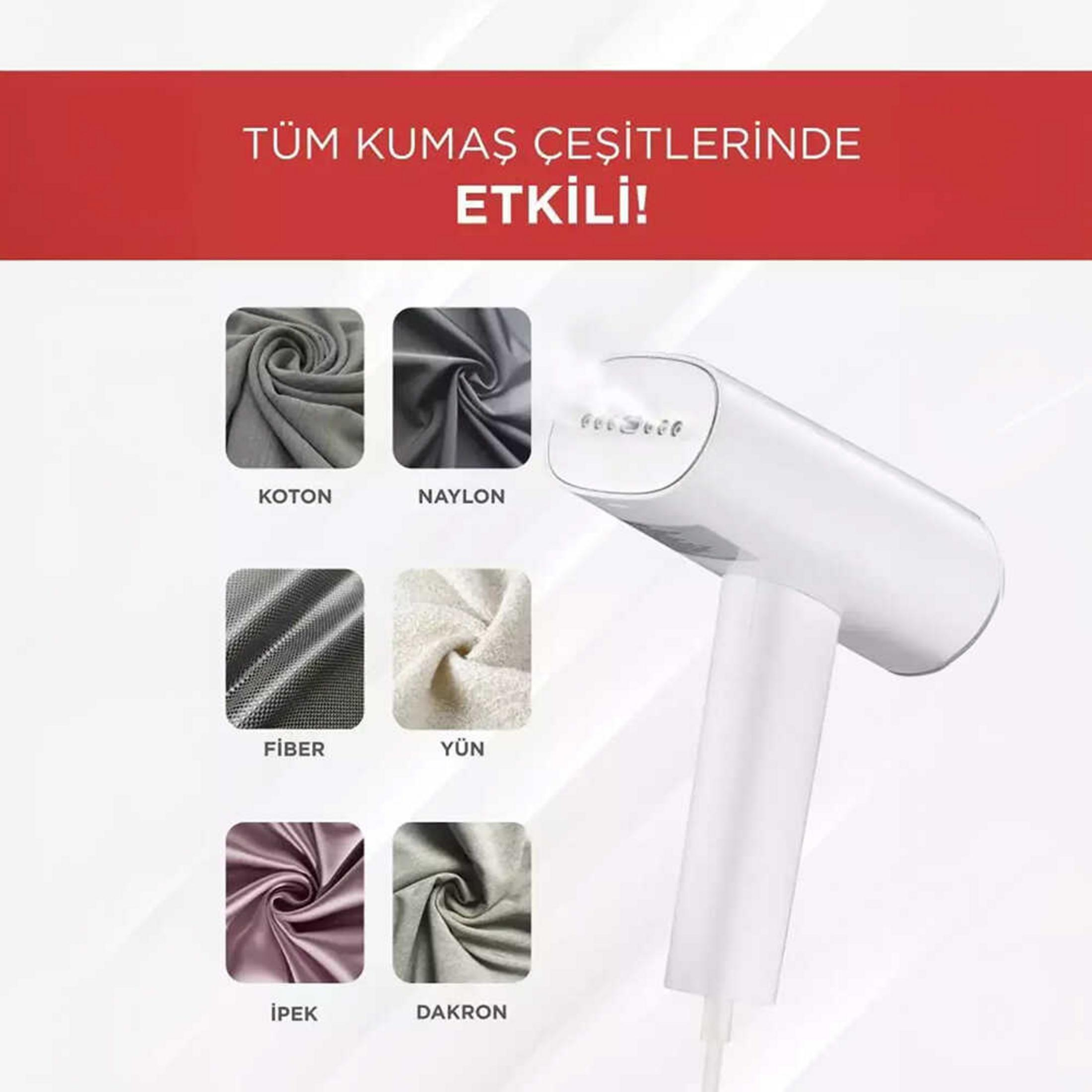 El tipi buharlı ütü kumaş örnekleri yanında: pamuk, naylon, elyaf, yün, ipek, dakron.