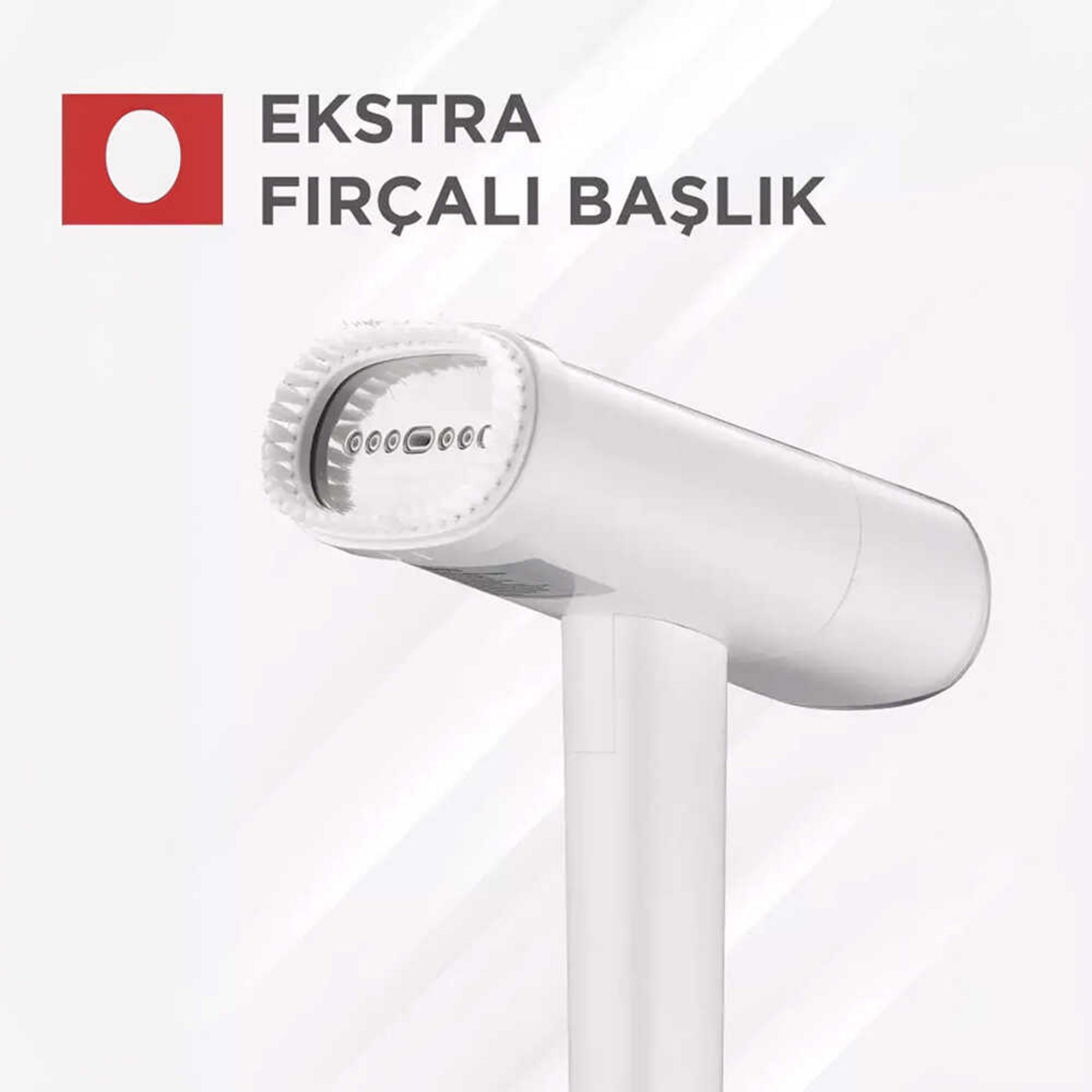 Fırçalı ve buhar delikli beyaz buharlı ütü başlığı.