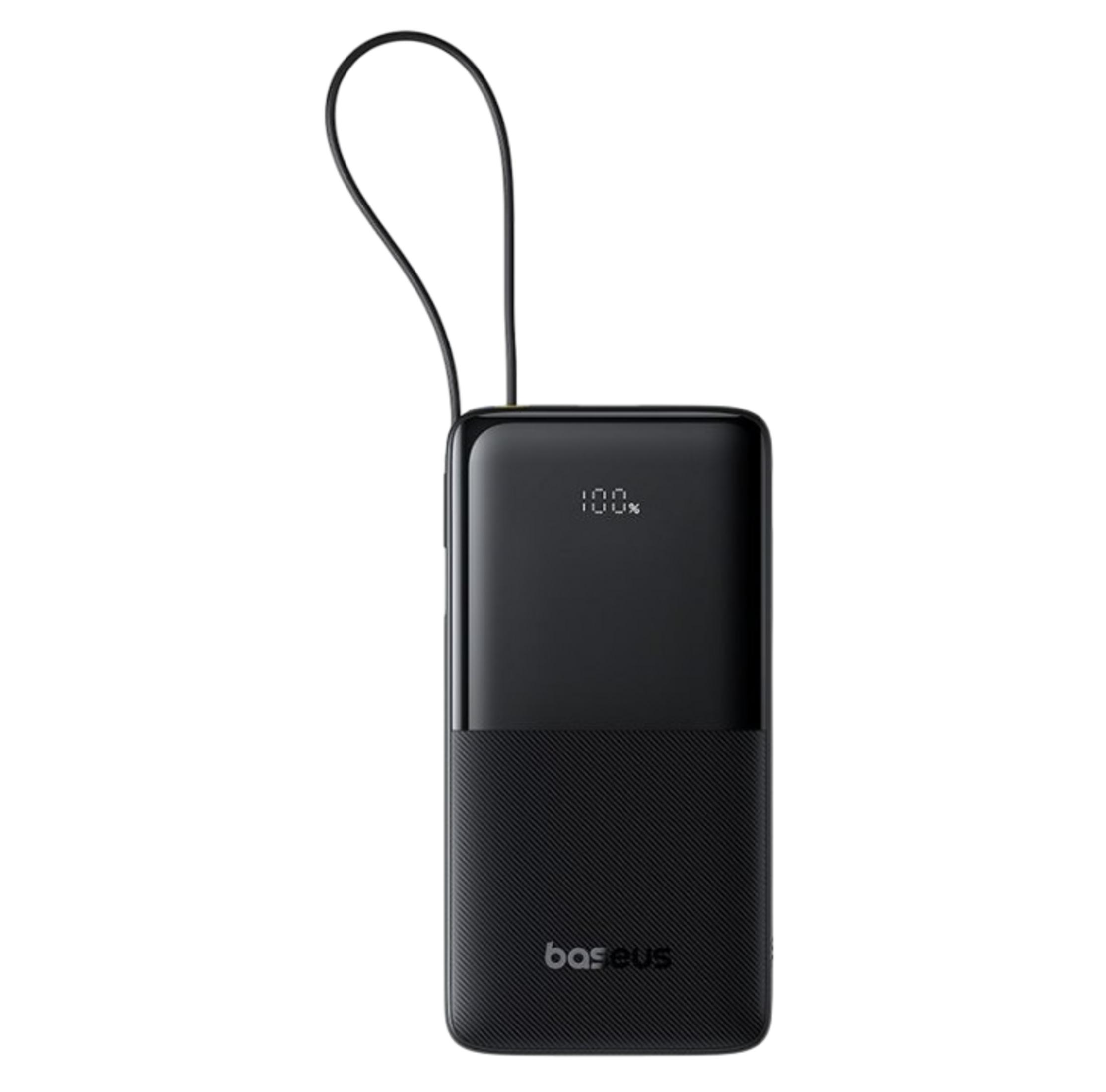 Power bank Baseus nero con indicatore di carica 100% e laccetto.