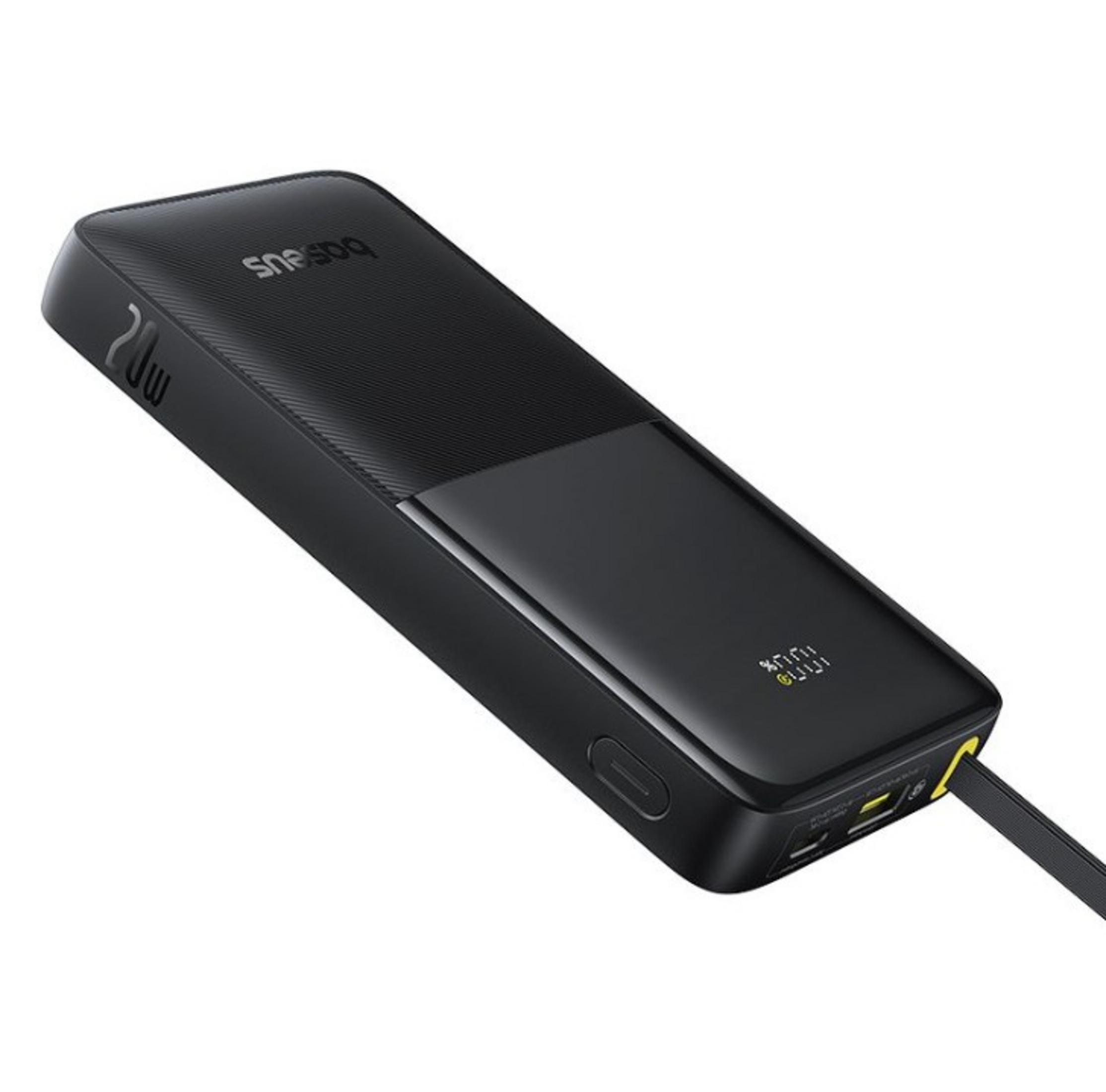 Power bank Baseus nero con display digitale (100%) e cavo di ricarica.