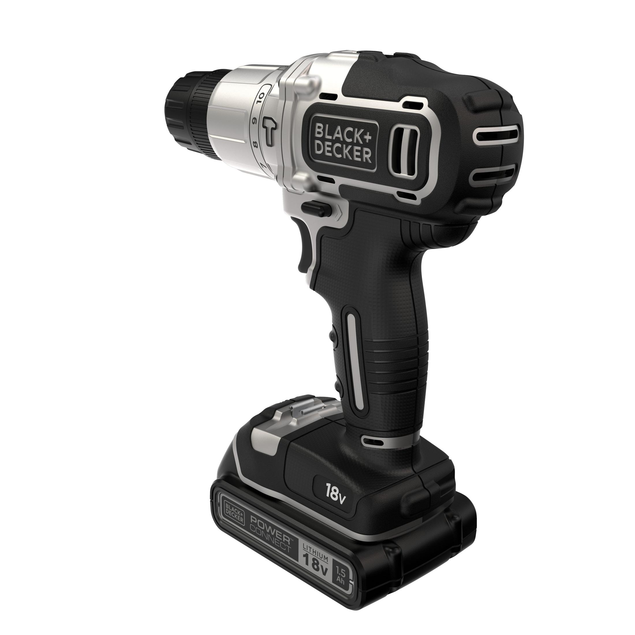 Siyah ve gümüş Black+Decker 18V akülü matkap.