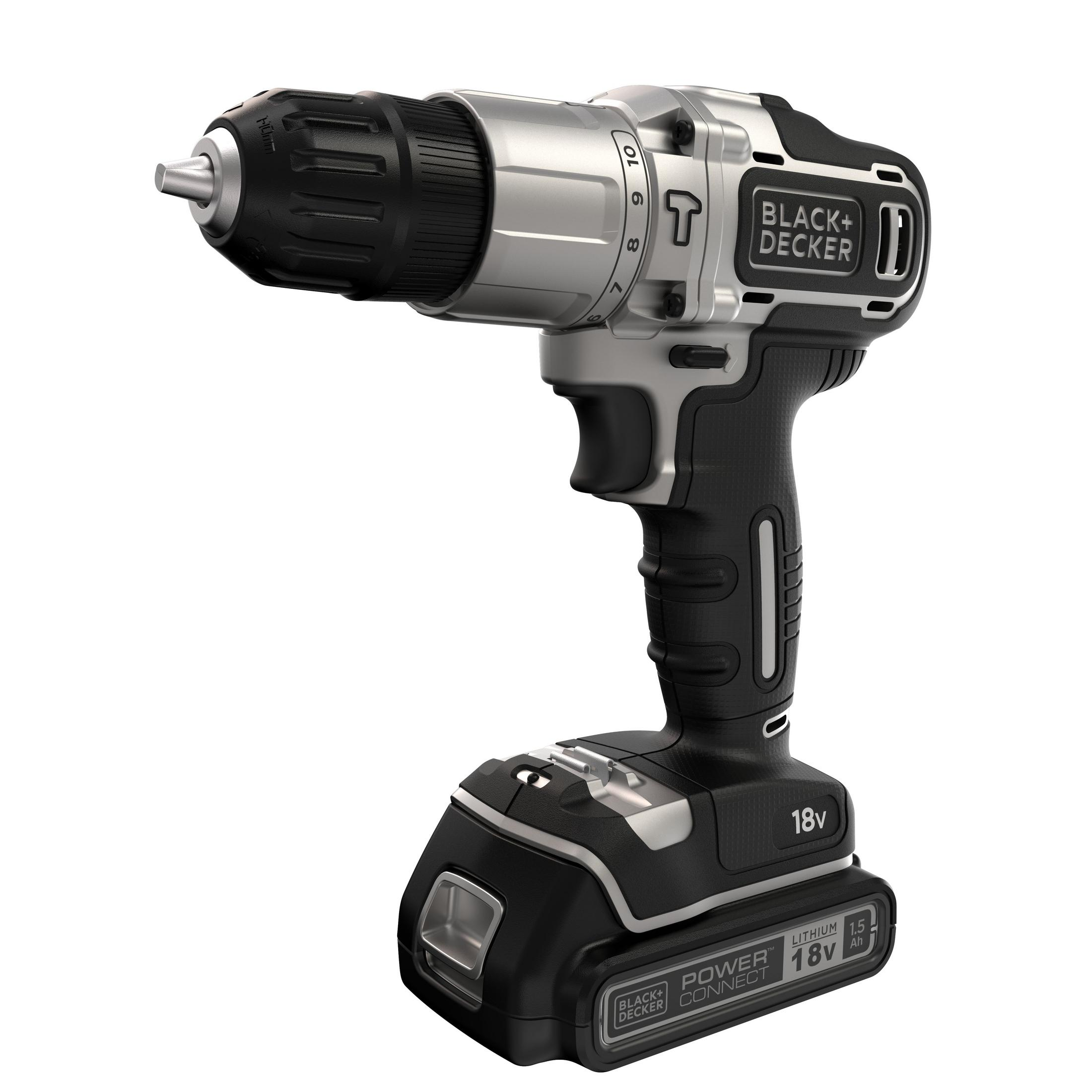 Gümüş ve siyah Black+Decker akülü matkap, pil takımıyla birlikte gösteriliyor.