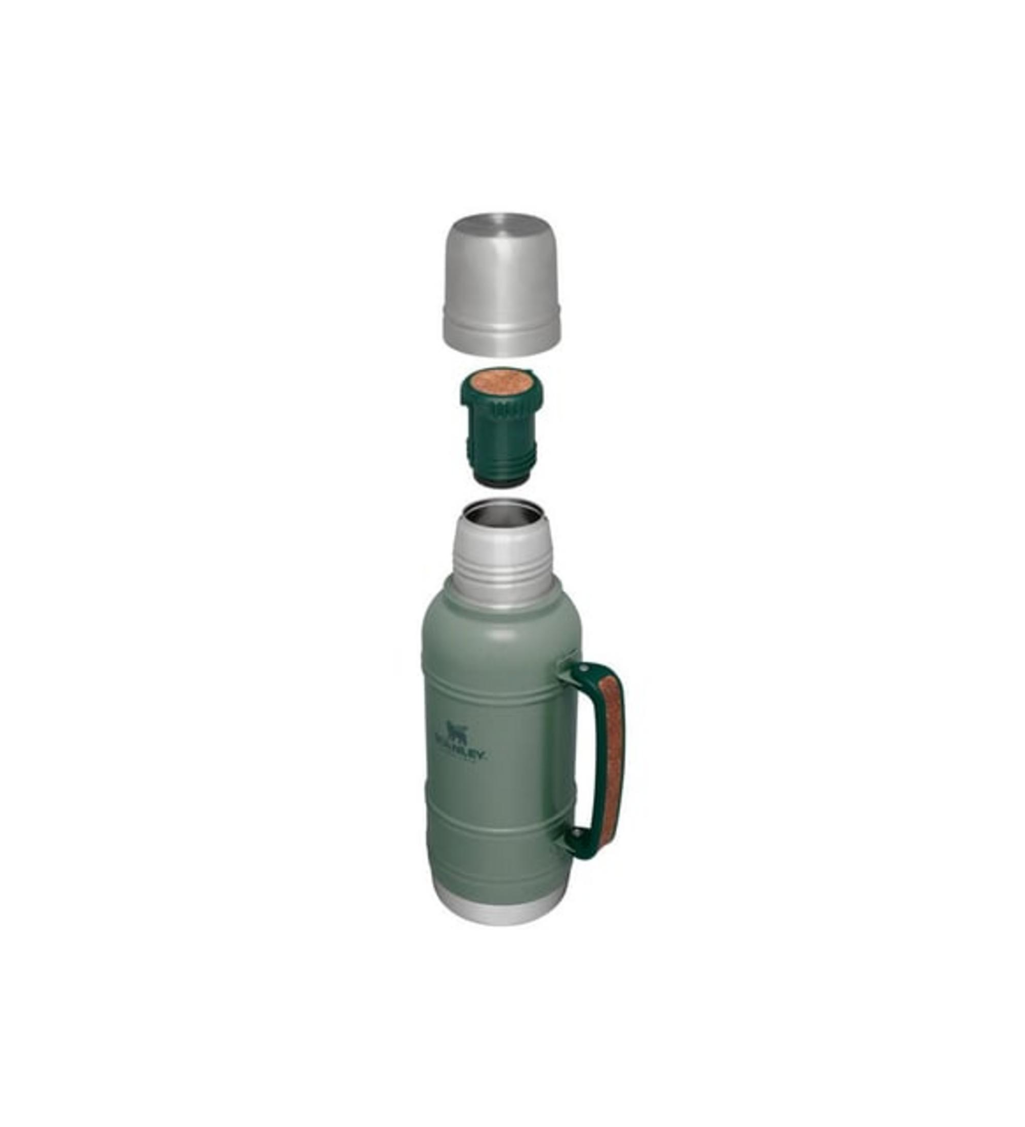Thermos verde con manico, coperchio argentato e tappo verde.