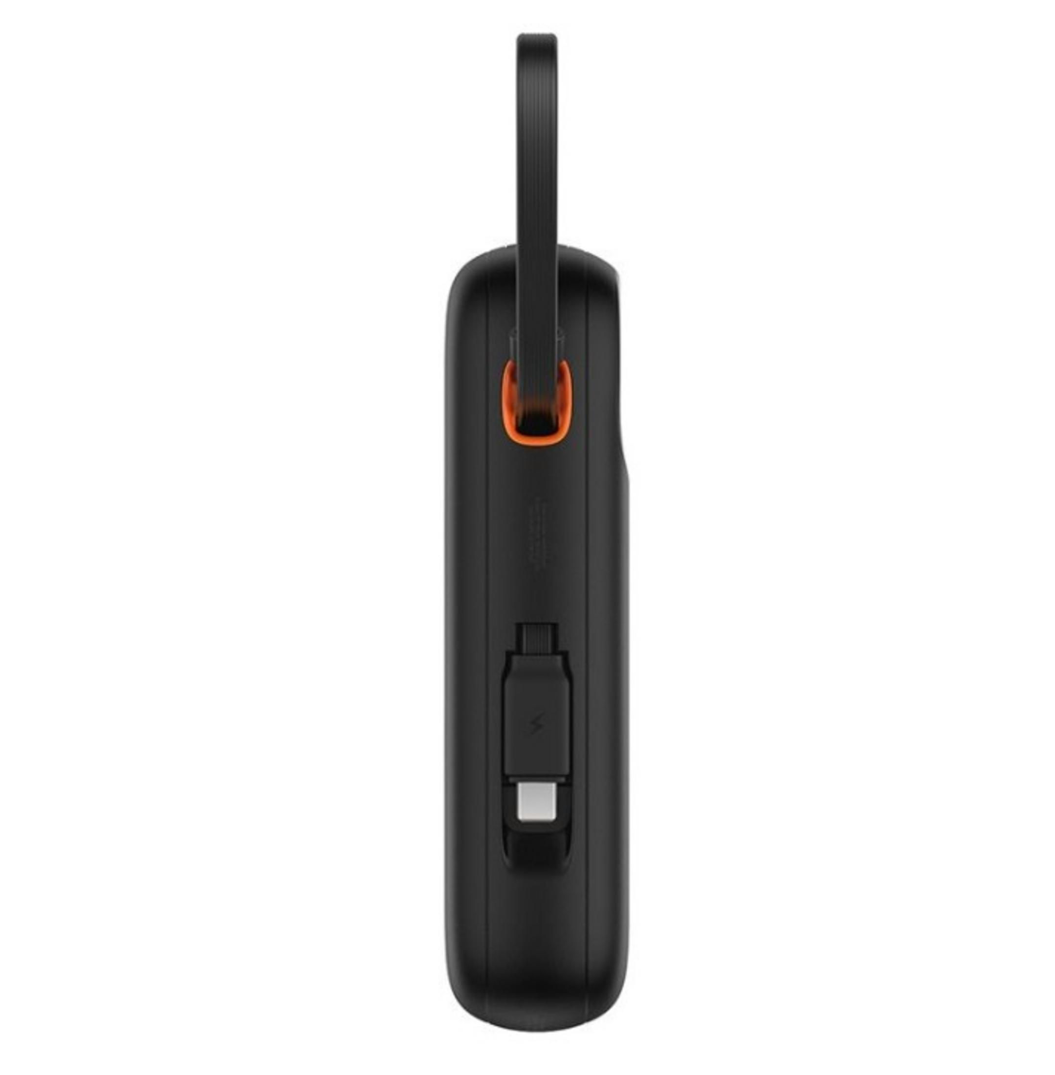 Un dispositivo rettangolare nero con porta USB-C integrata e maniglia ad anello.