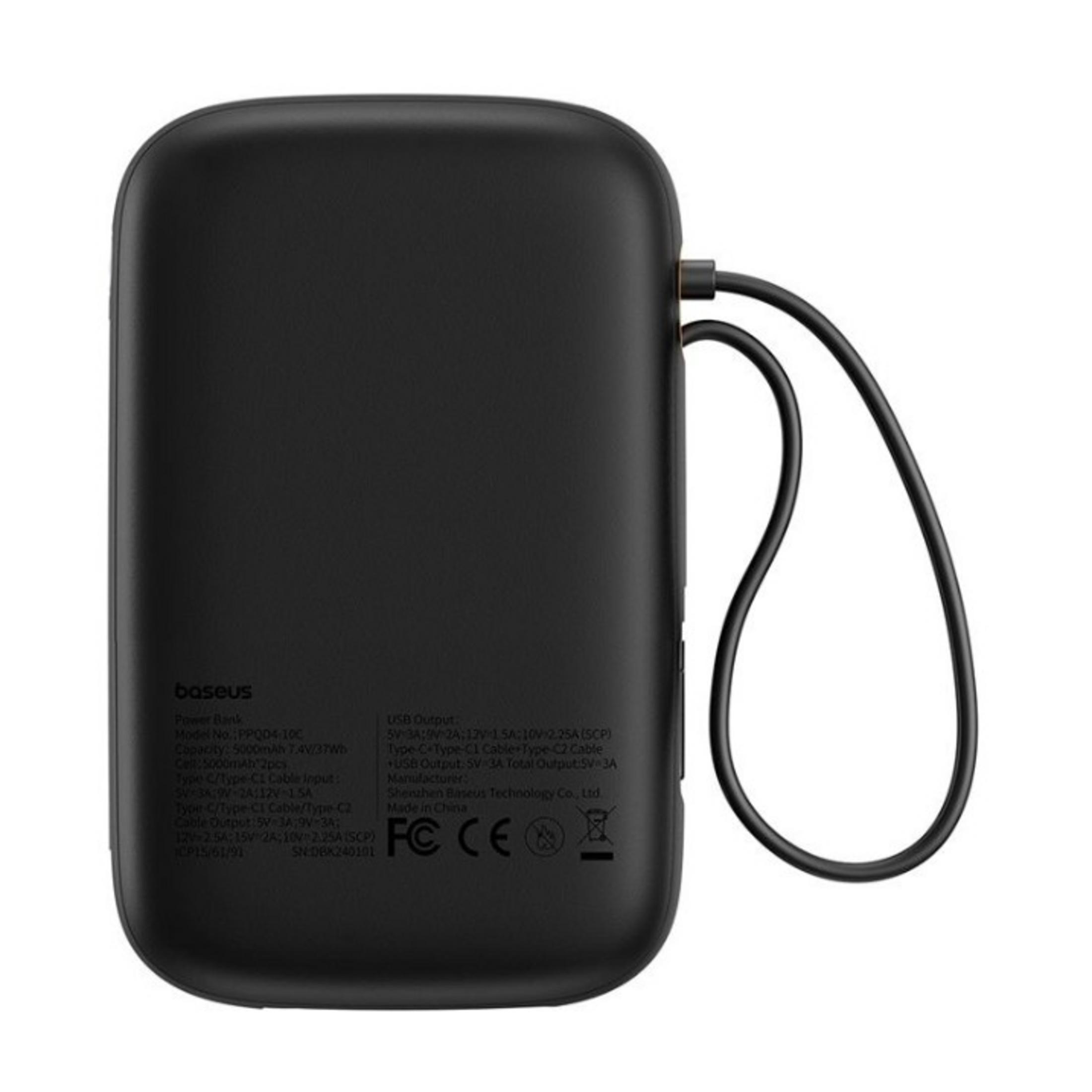 Power bank Baseus nera con cavo e dettagli tecnici.