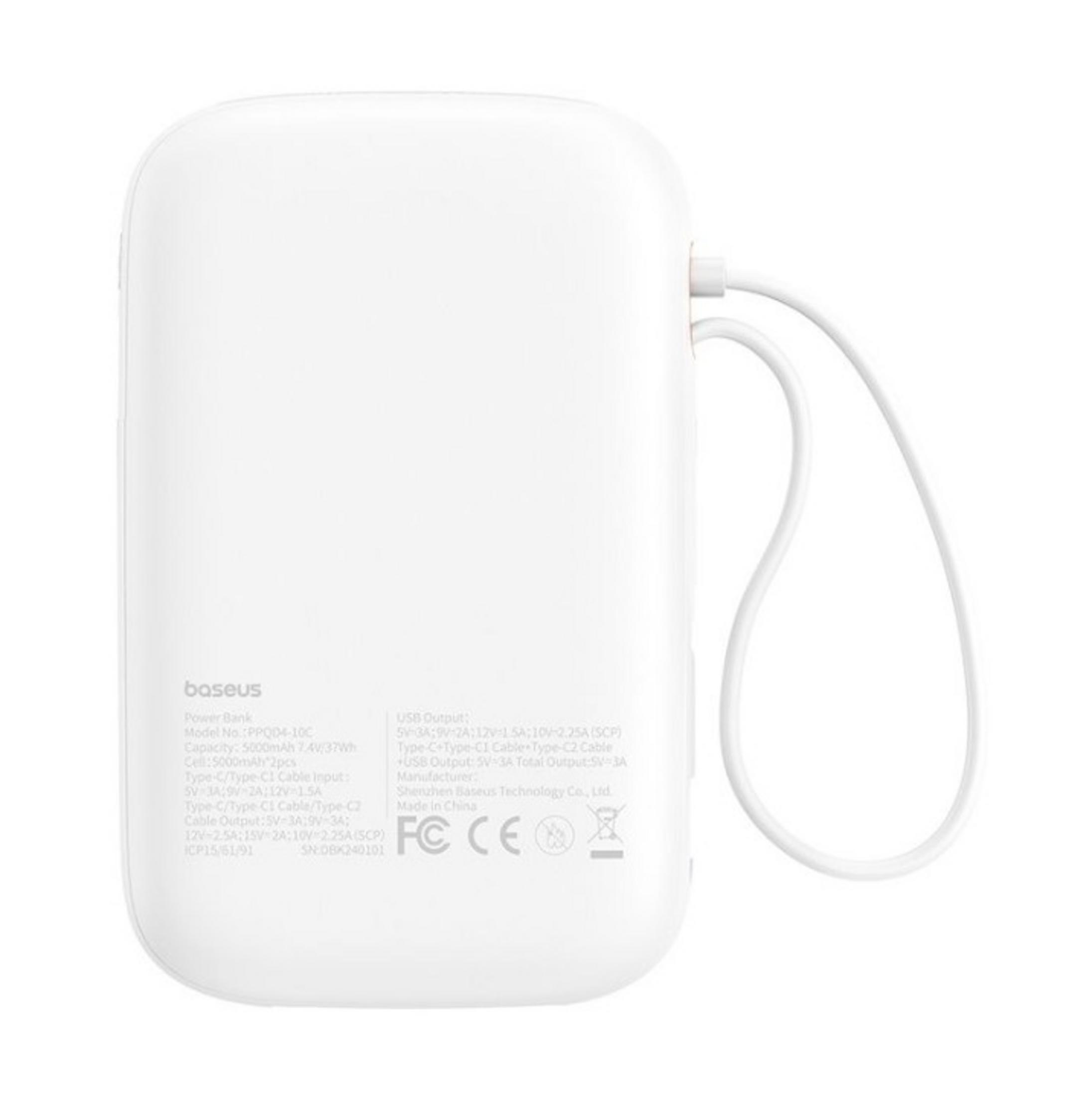 Een witte Baseus powerbank met witte kabels en tekst aan de linkerkant.