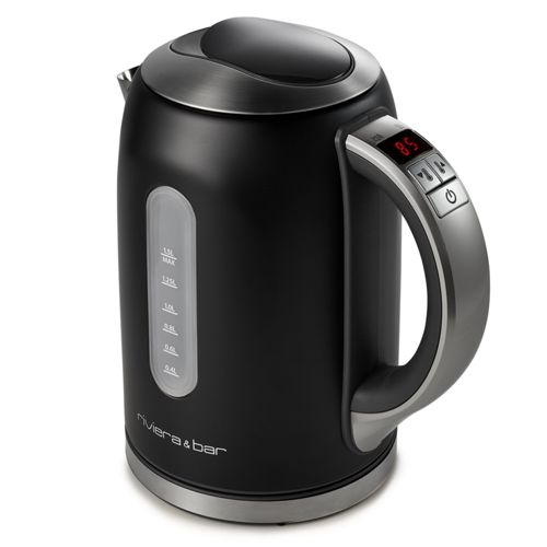 Bollitore elettrico nero con manico argentato e display digitale della temperatura.