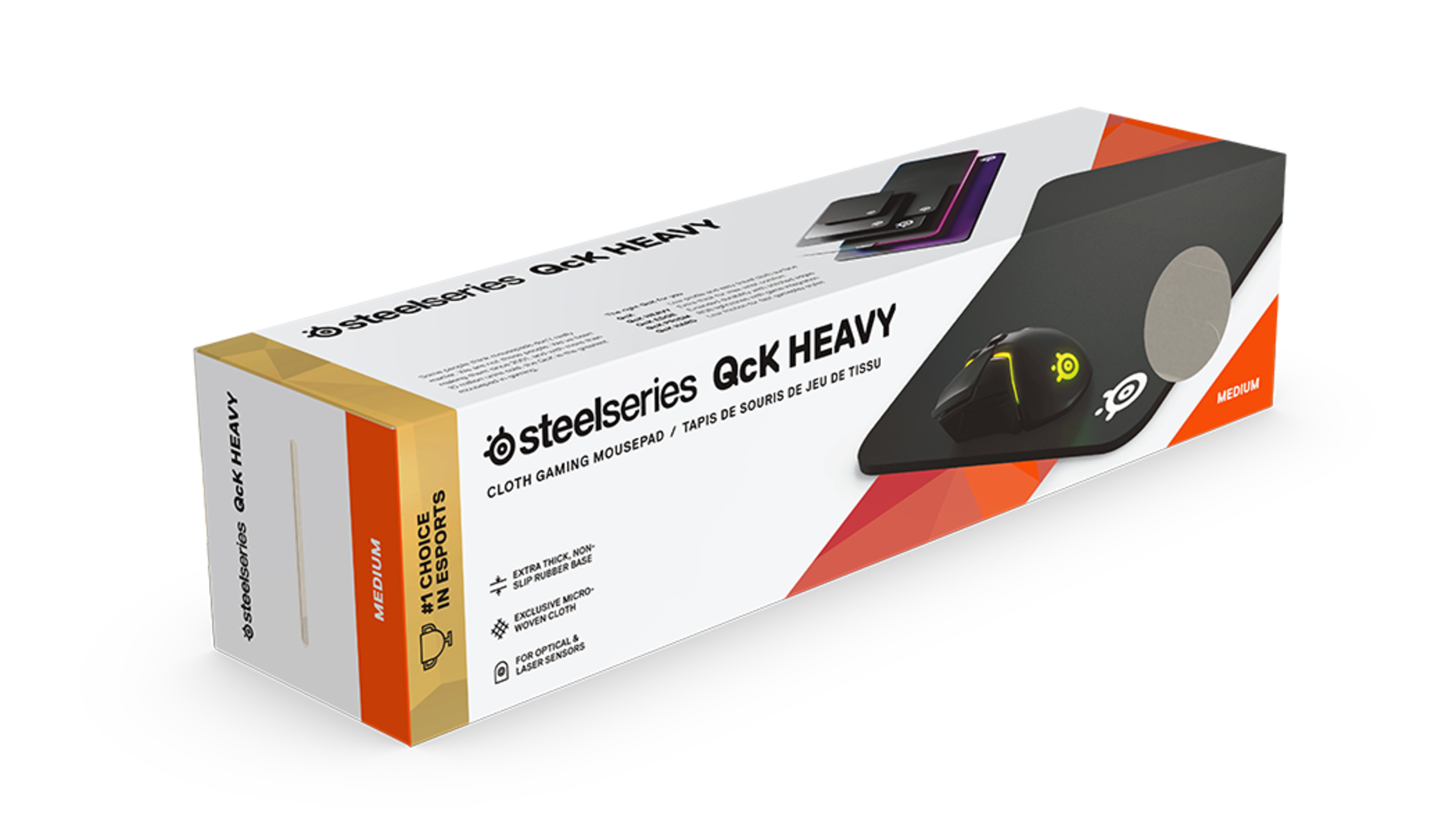 Confezione di un mousepad gaming Steelseries QcK HEAVY con illustrazione di mouse.