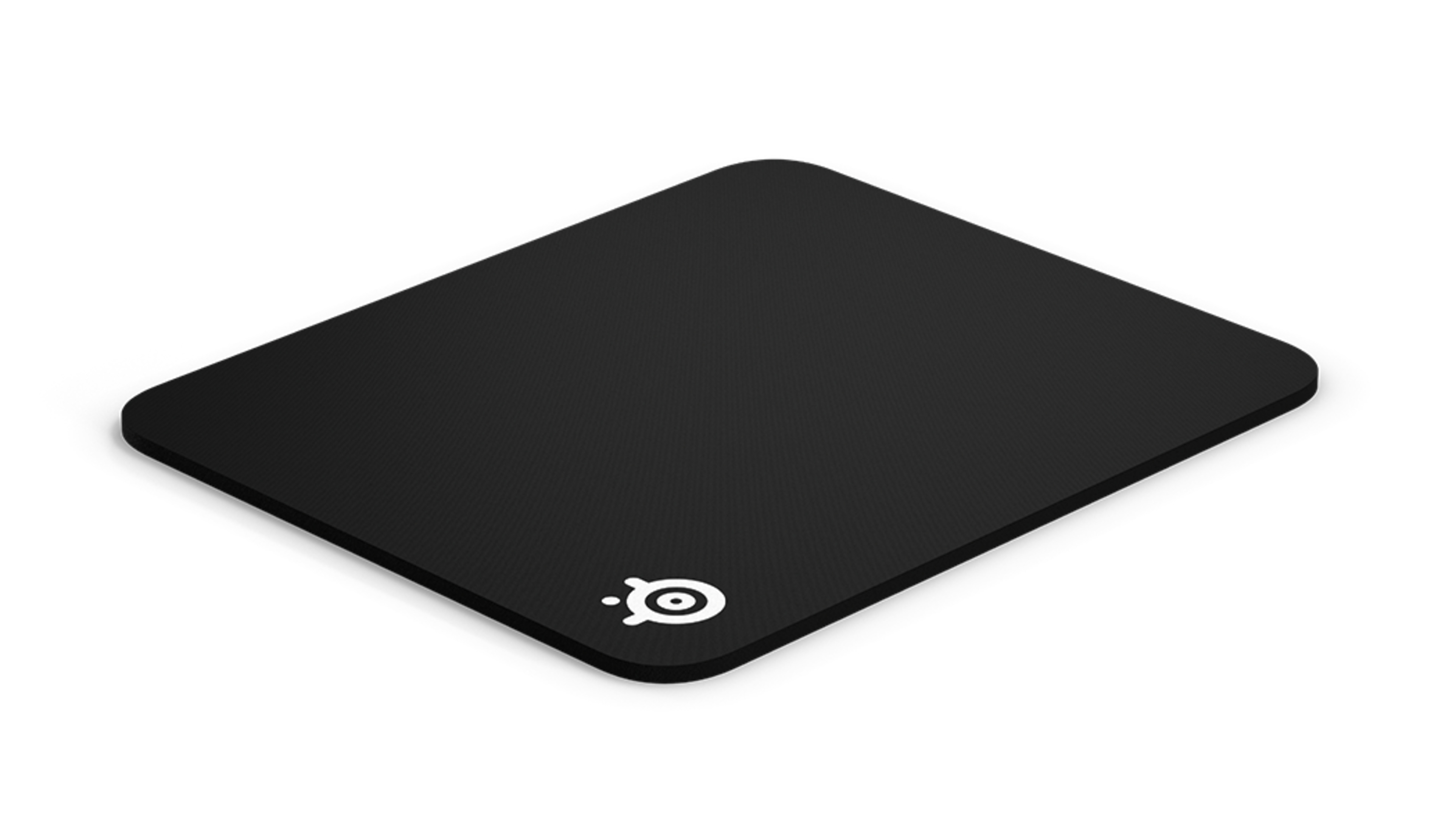 Tappetino per mouse nero con logo SteelSeries bianco, vista isometrica.