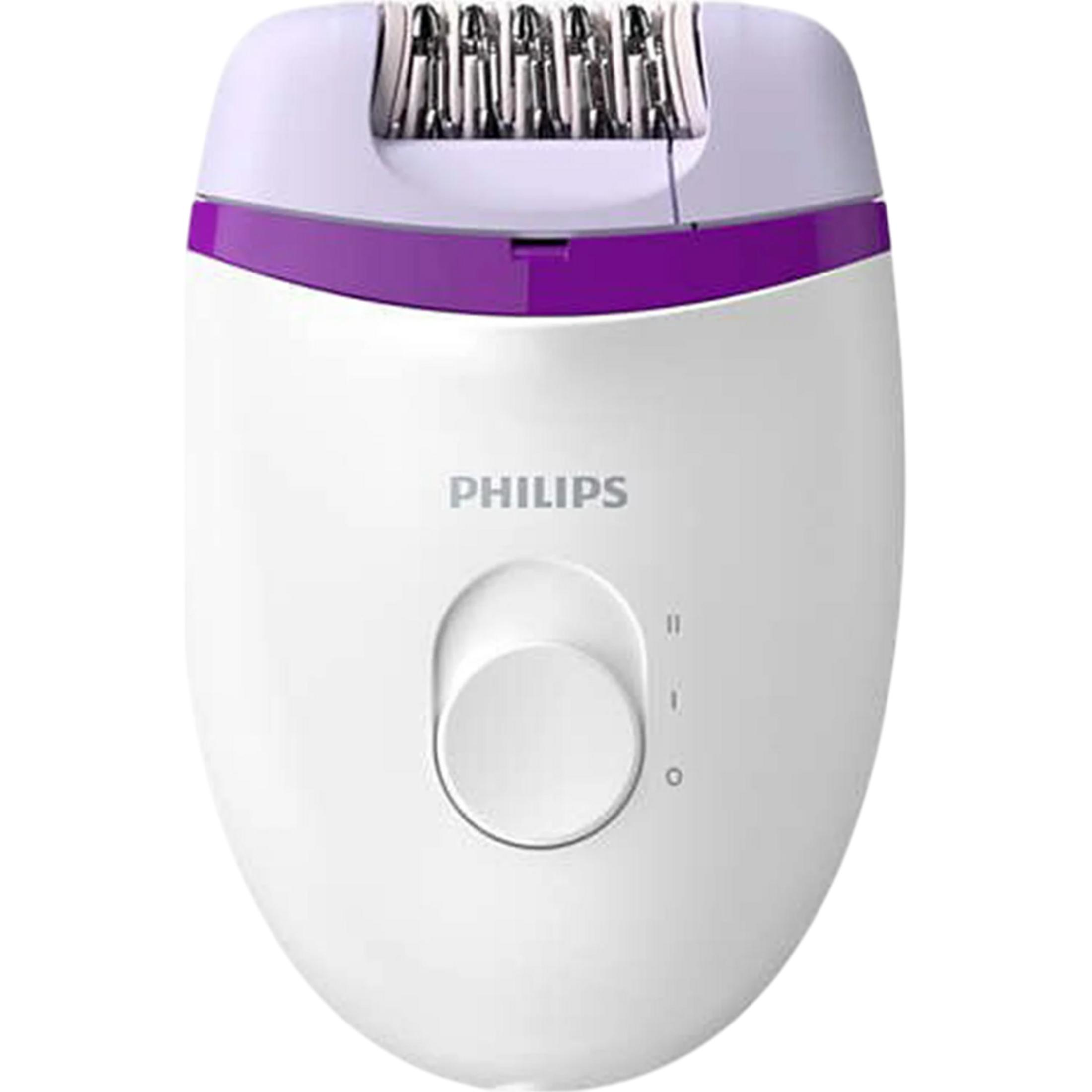 Mor detaylı, yuvarlak kadranlı beyaz bir Philips epilatör.