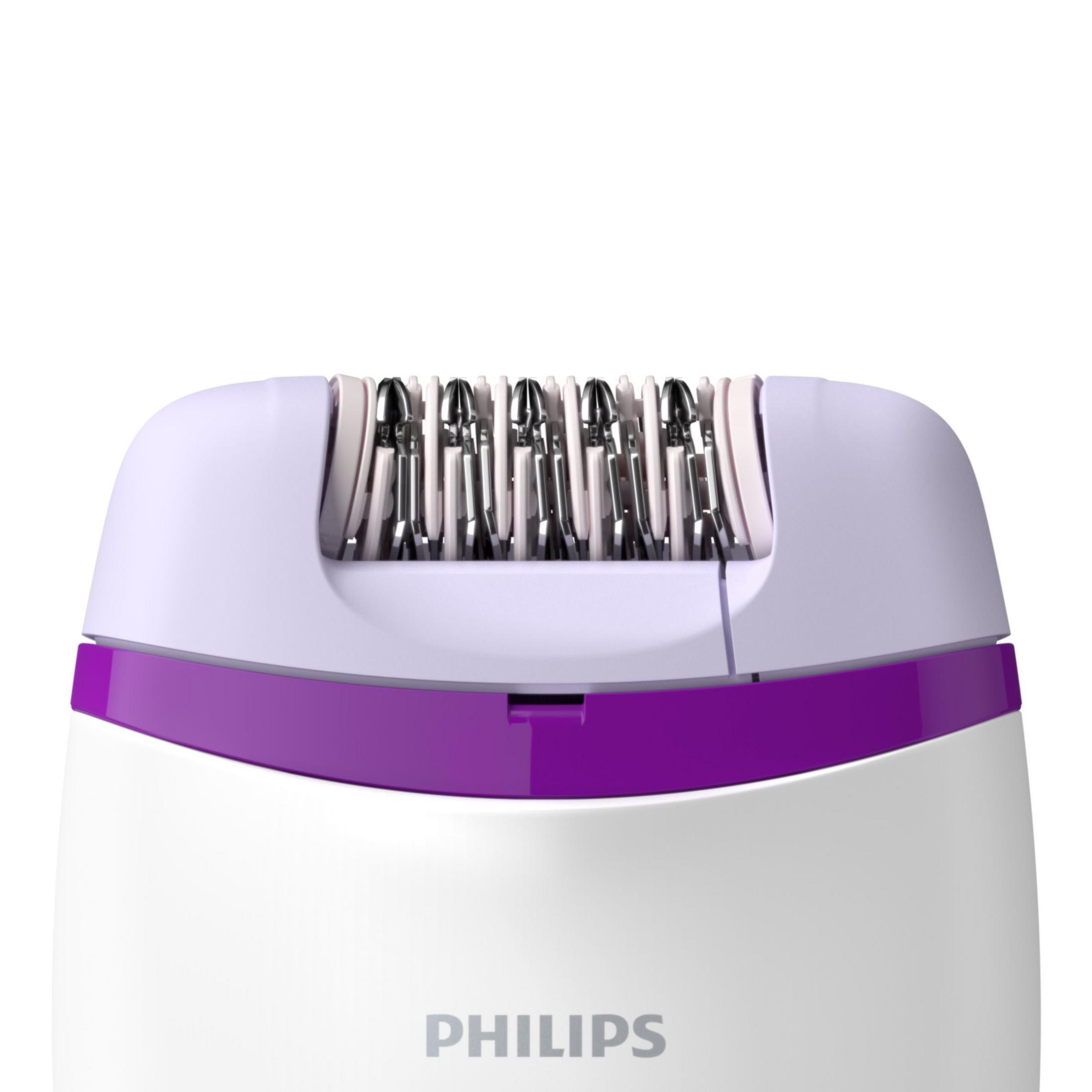Gümüş cımbızlı beyaz ve mor Philips epilatörün yakın çekimi.