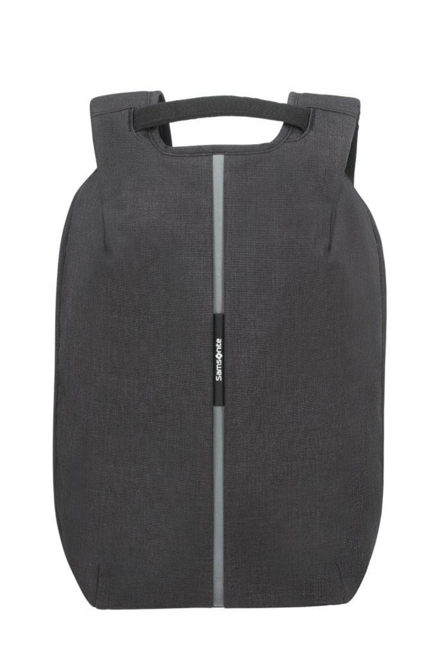 Ein dunkler Rucksack mit einem vertikalen grauen Streifen und dem Samsonite-Logo.
