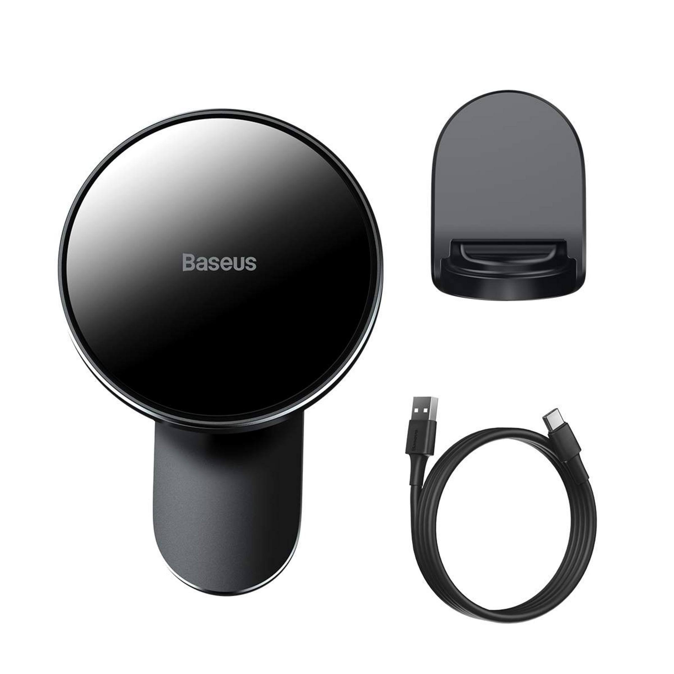 Un supporto Baseus rotondo nero, un supporto grigio e un cavo USB.
