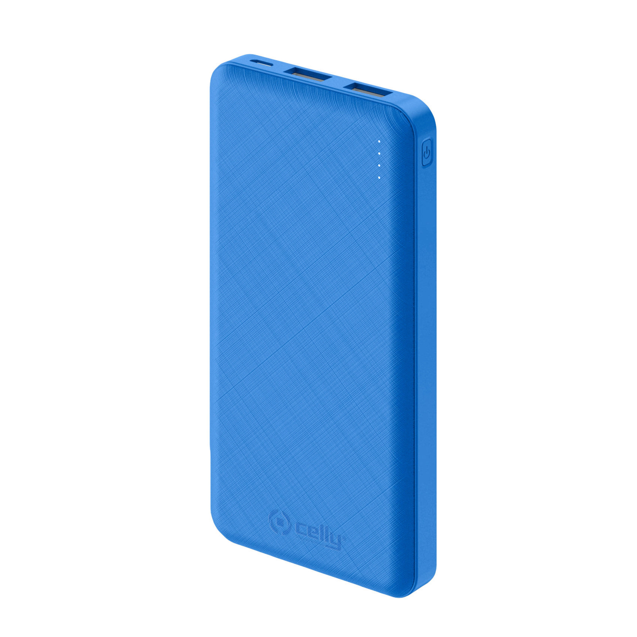 Power bank blu testurizzato con due porte USB e quattro spie.