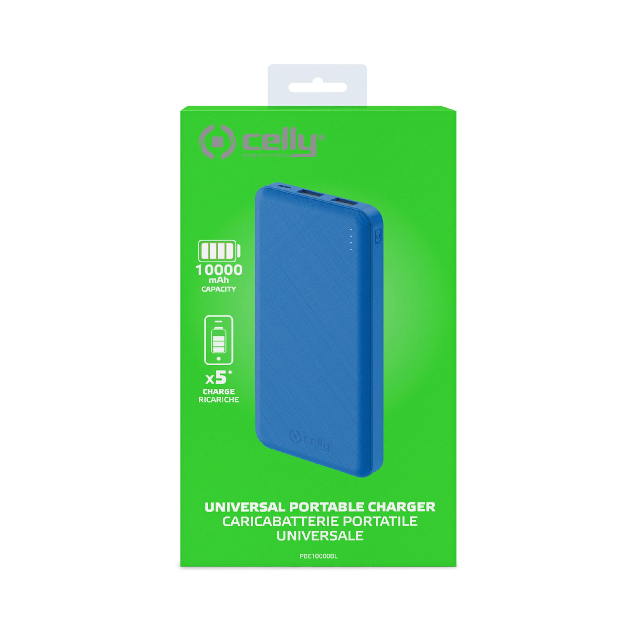 Power bank Celly blu da 10000mAh su confezione verde con indicatori.
