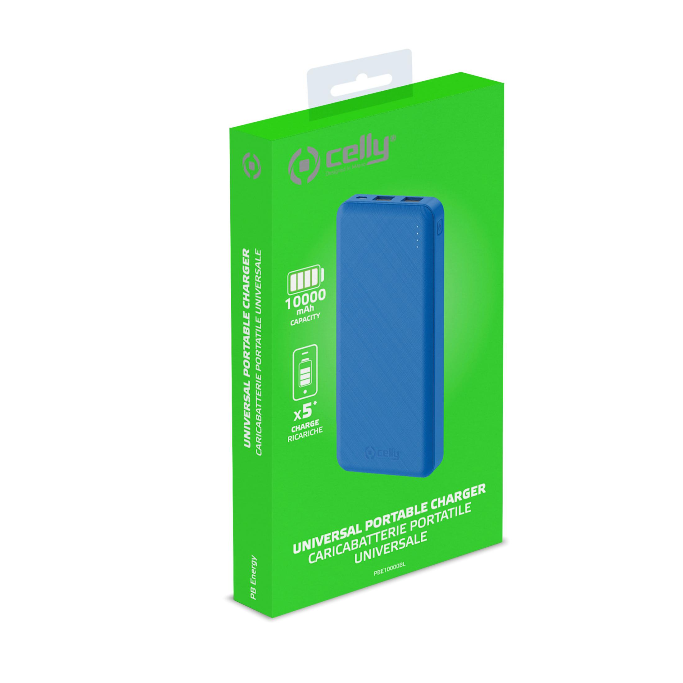 Scatola verde con power bank blu, capacità 10000 mAh.