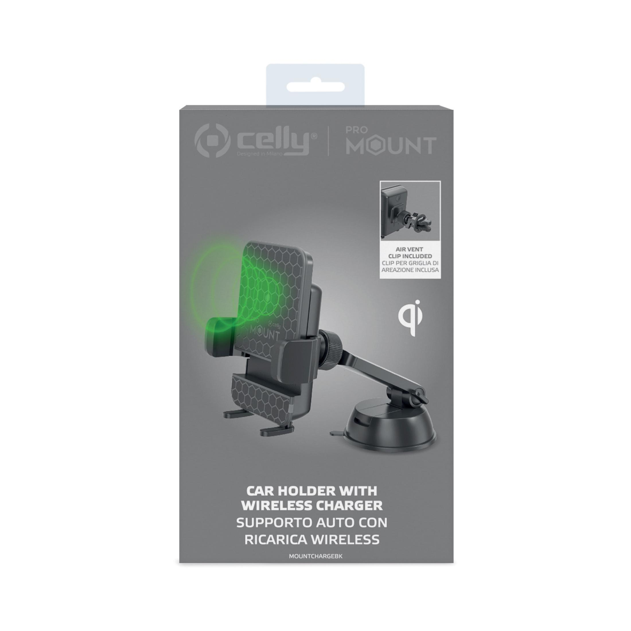 Soporte Celly Pro Mount para coche con cargador inalámbrico, plástico negro.