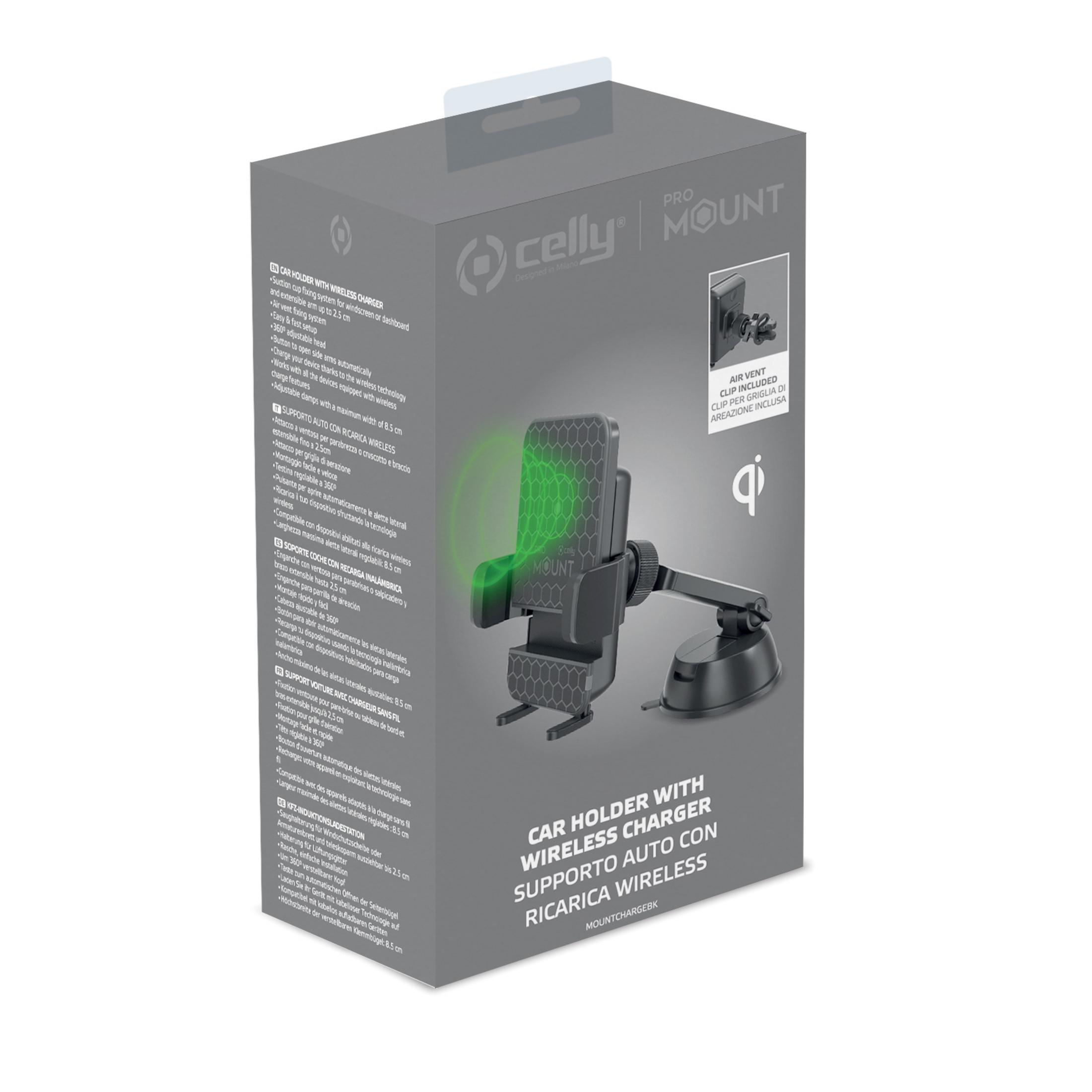 Cargador inalámbrico Celly Pro Mount para coche con tecnología Qi.
