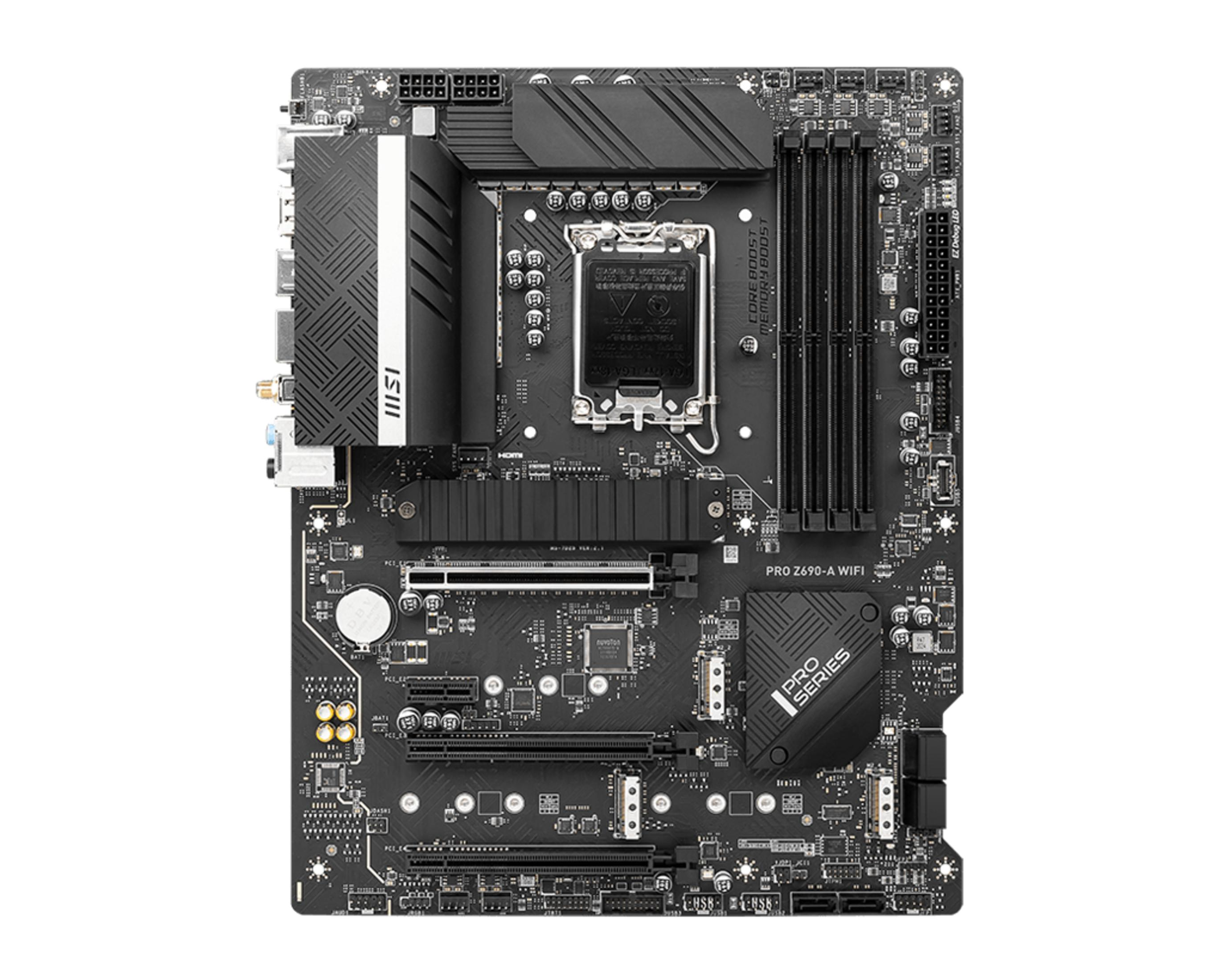 Placa base negra MSI PRO Z690-A WIFI con zócalo de CPU, ranuras RAM y disipadores.