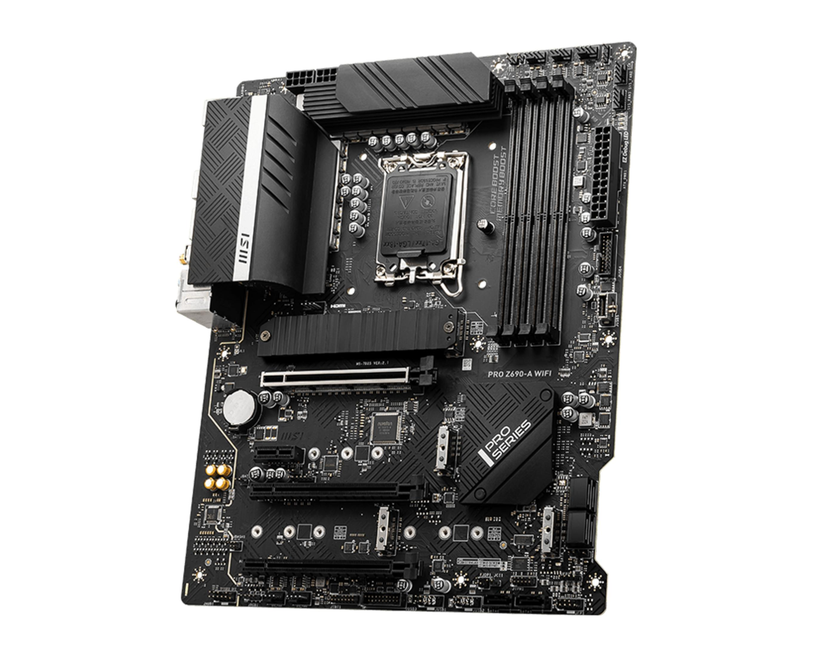 Una placa base MSI PRO Z690-A WIFI negra con zócalo de CPU, ranuras RAM y conectores.