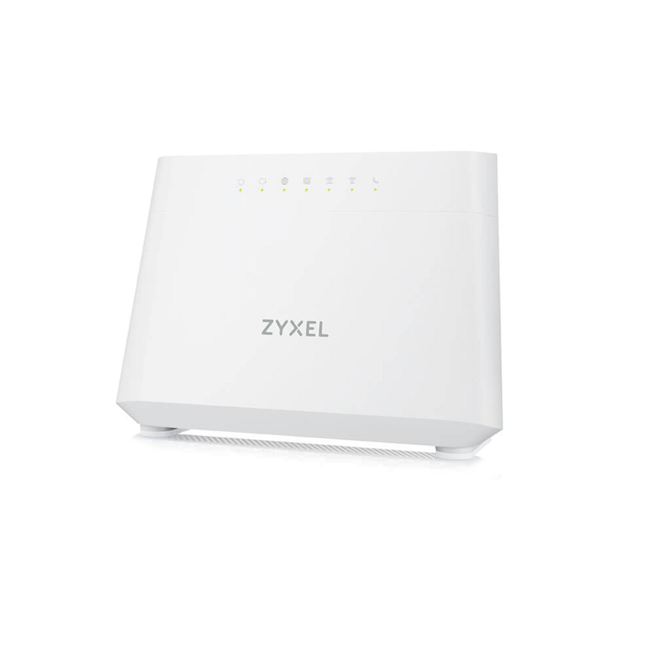 Un router Zyxel bianco con indicatori LED illuminati su sfondo bianco.