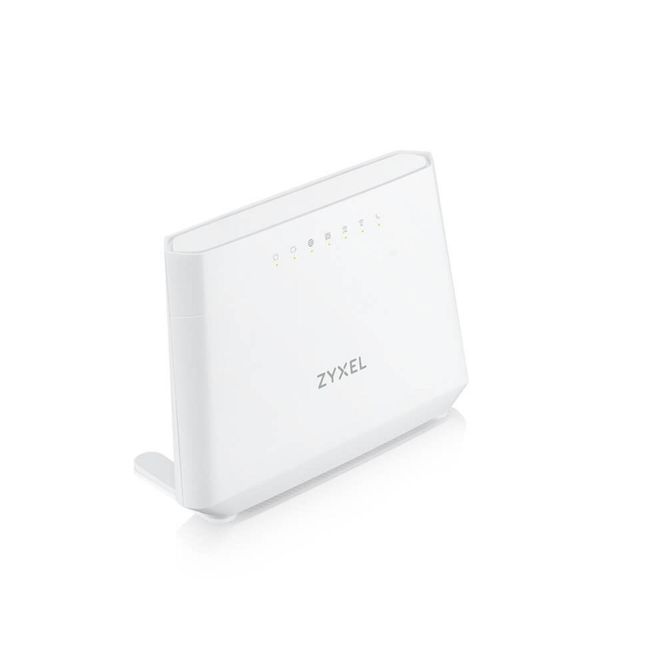 Un router Zyxel bianco con spie luminose su sfondo bianco.