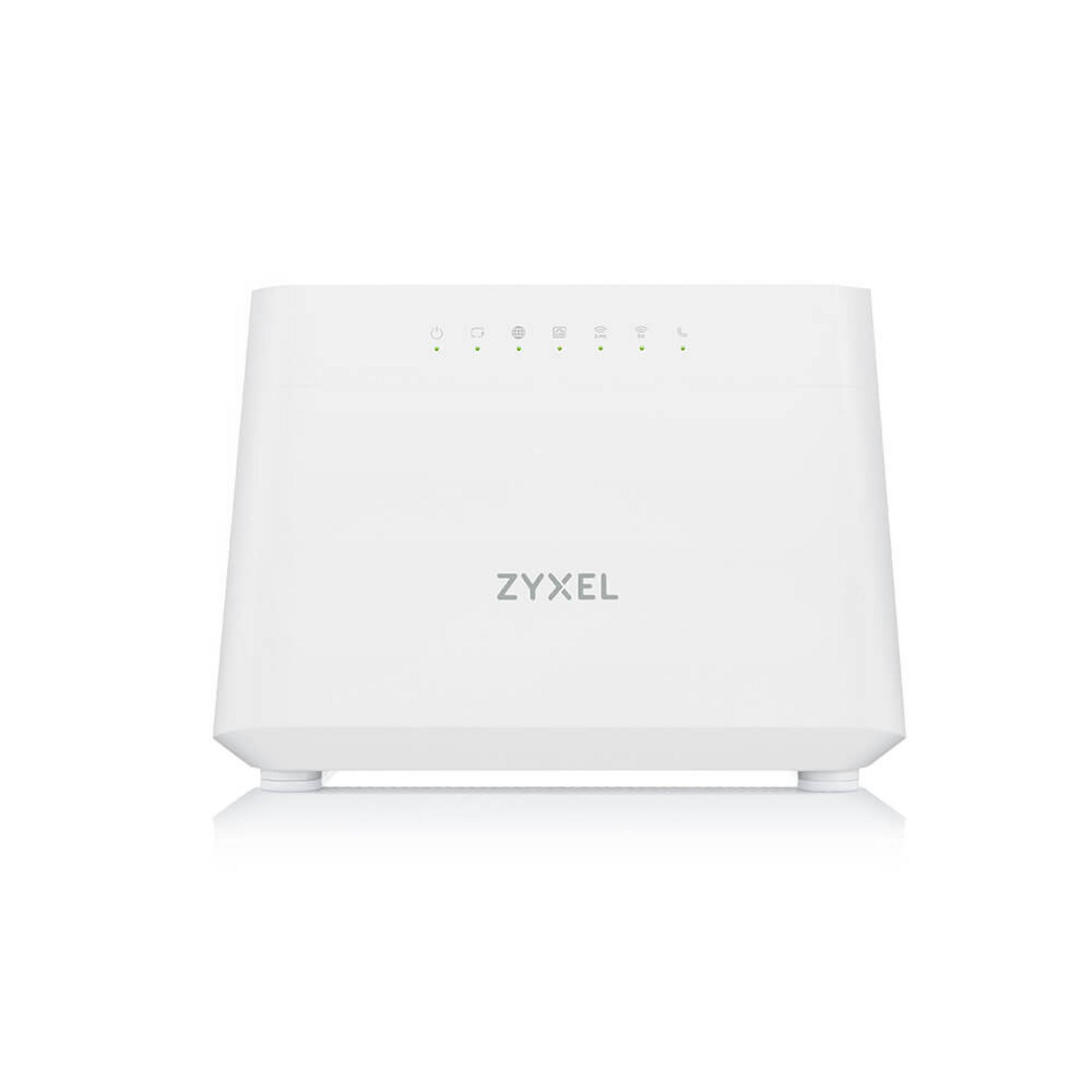 Un router Zyxel bianco con LED di stato su sfondo bianco.