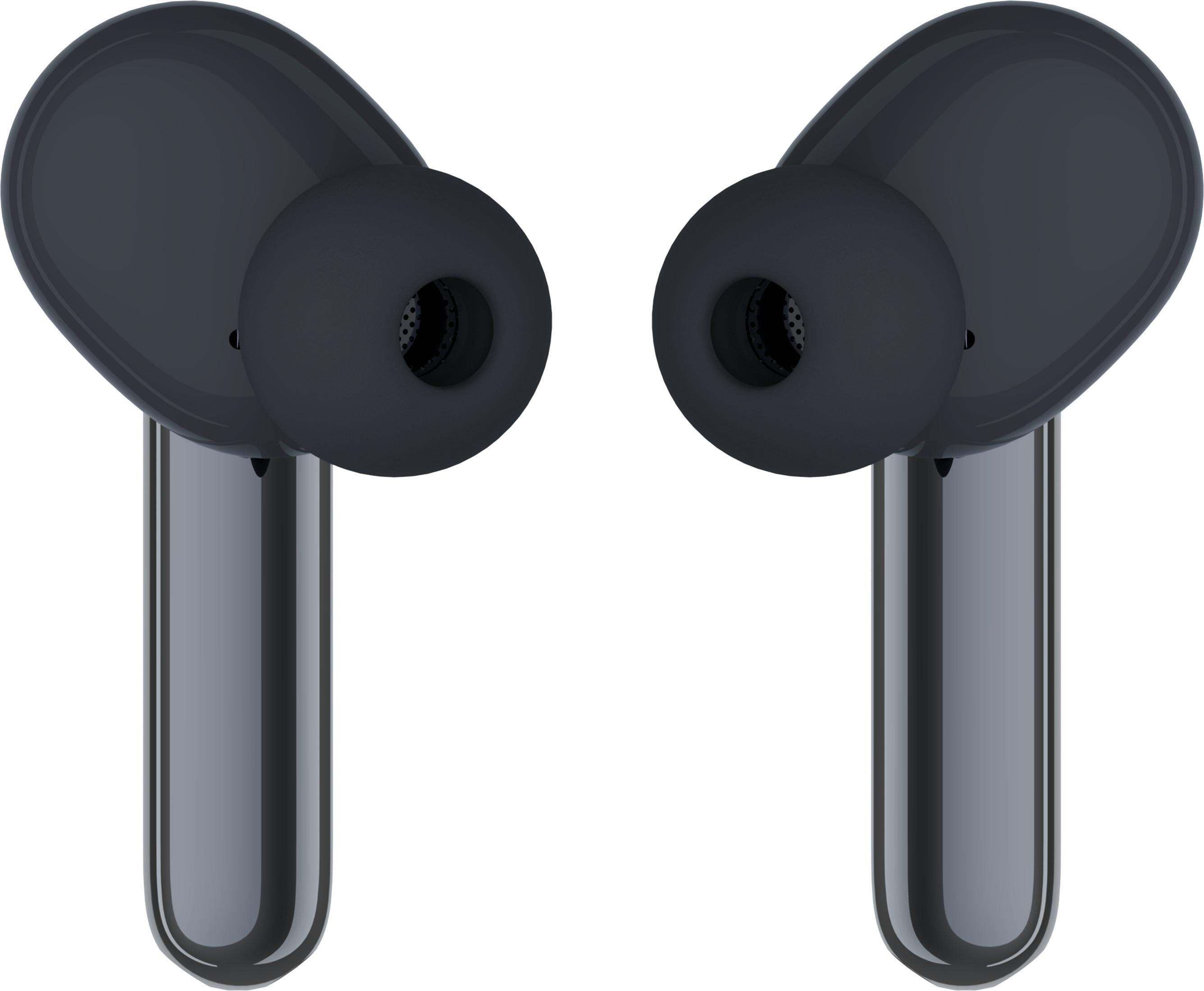 Par de auriculares inalámbricos gris oscuro sobre fondo blanco.