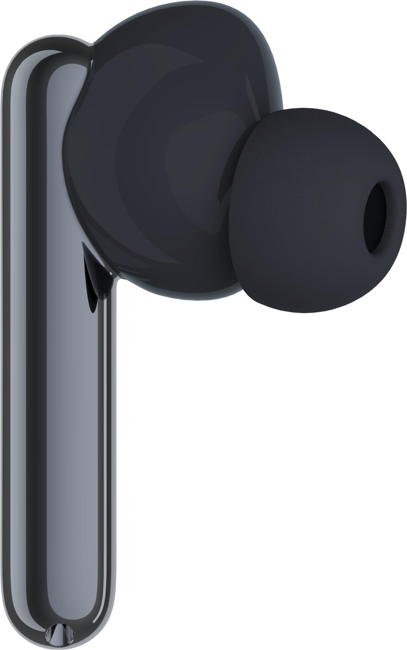 Un solo auricular inalámbrico negro con un tallo brillante y una punta mate.