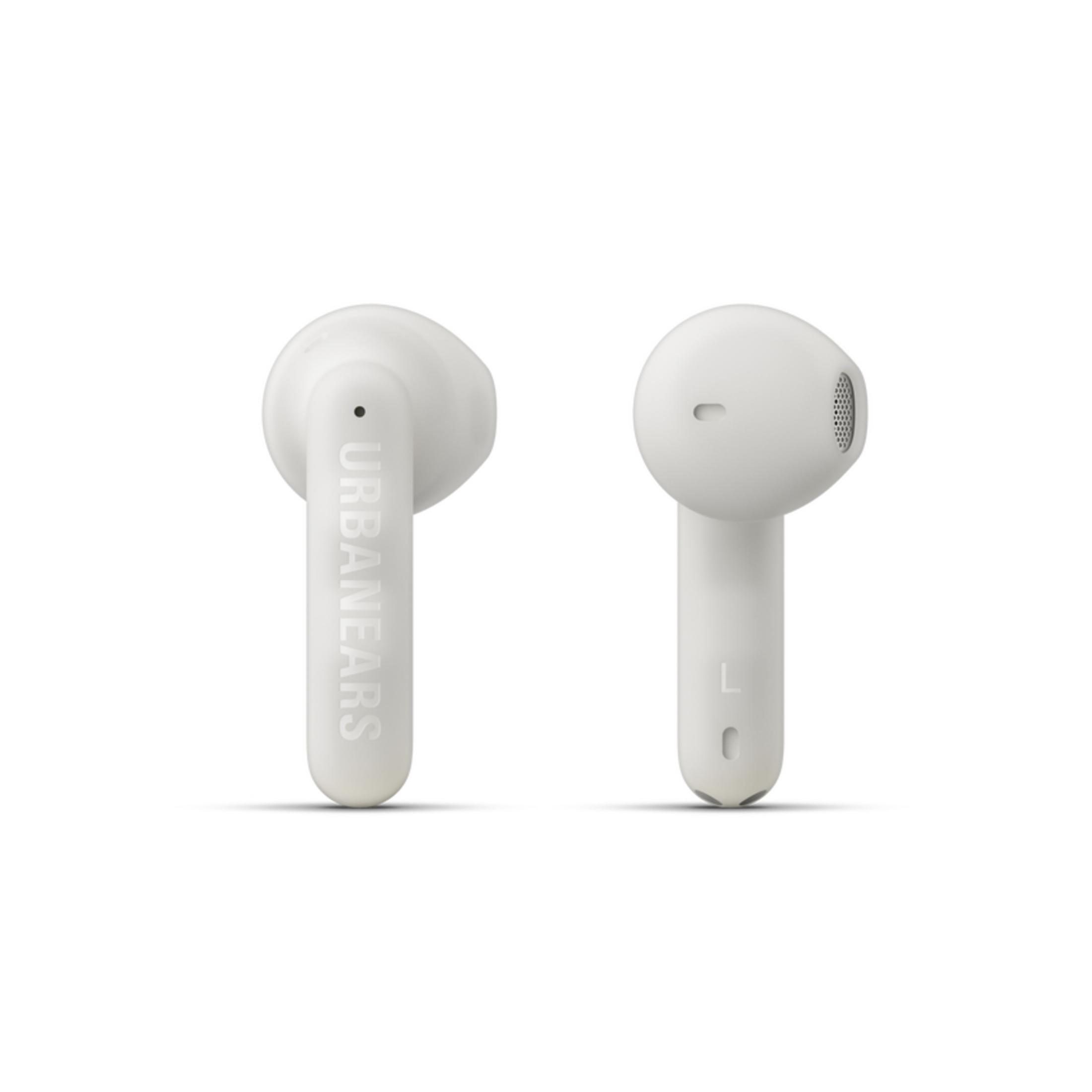 Zwei weiße Earbuds nebeneinander, einer mit "URBANEARS" Schriftzug.