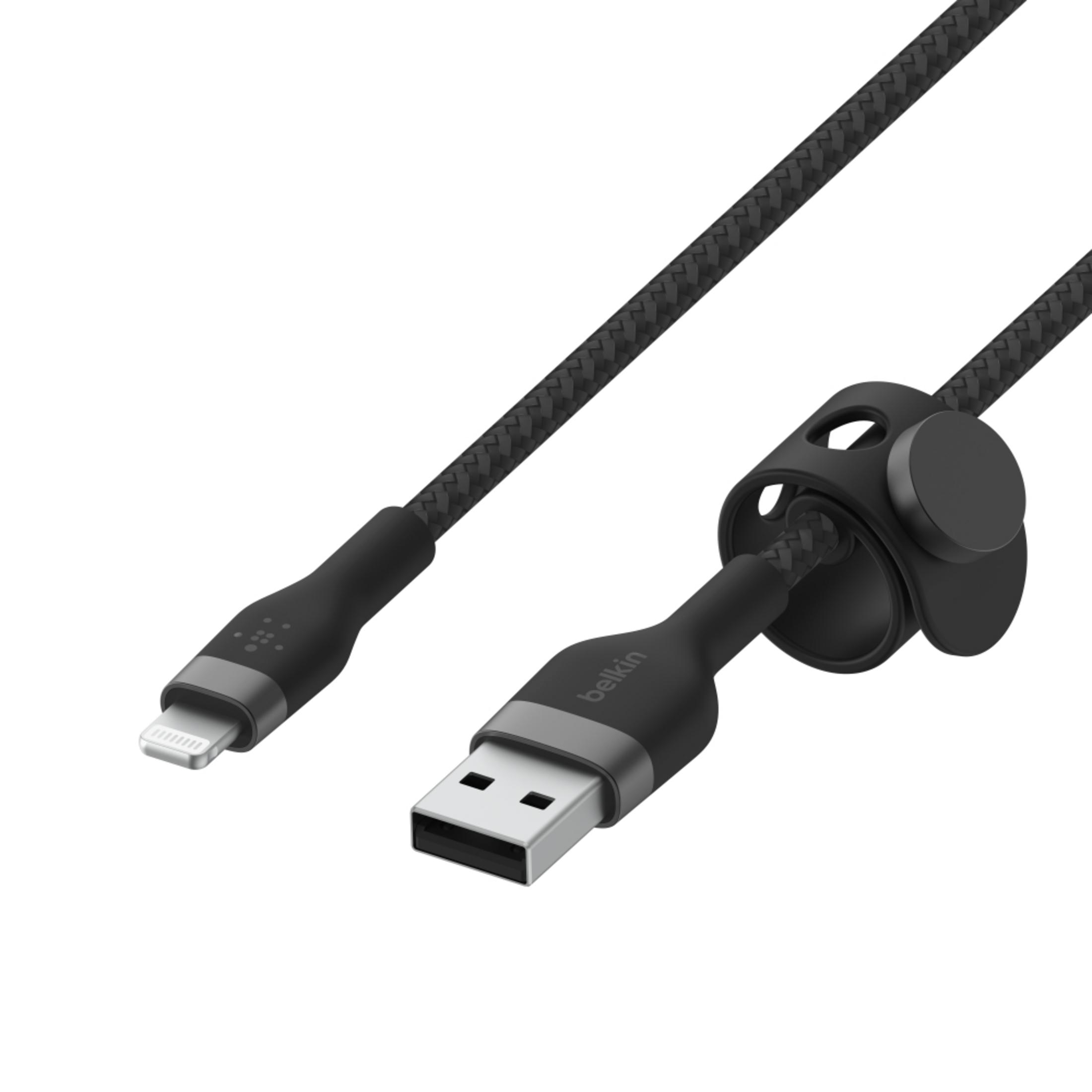 Un cavo USB-A a Lightning nero con rivestimento in tessuto e organizer.