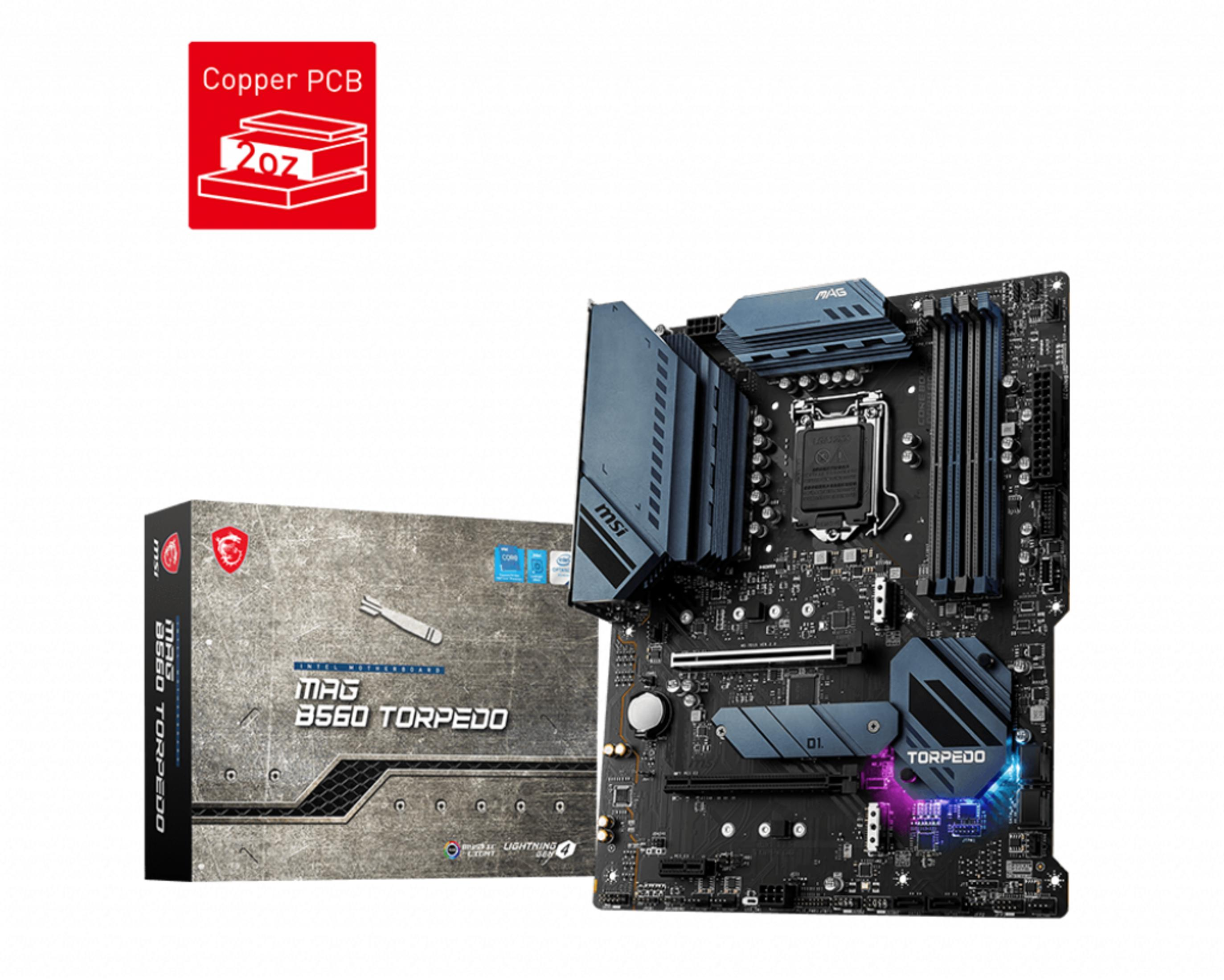 MSI MAG B560 Torpedo Motherboard und Verpackung, mit 2oz Kupfer-PCB-Anzeige.