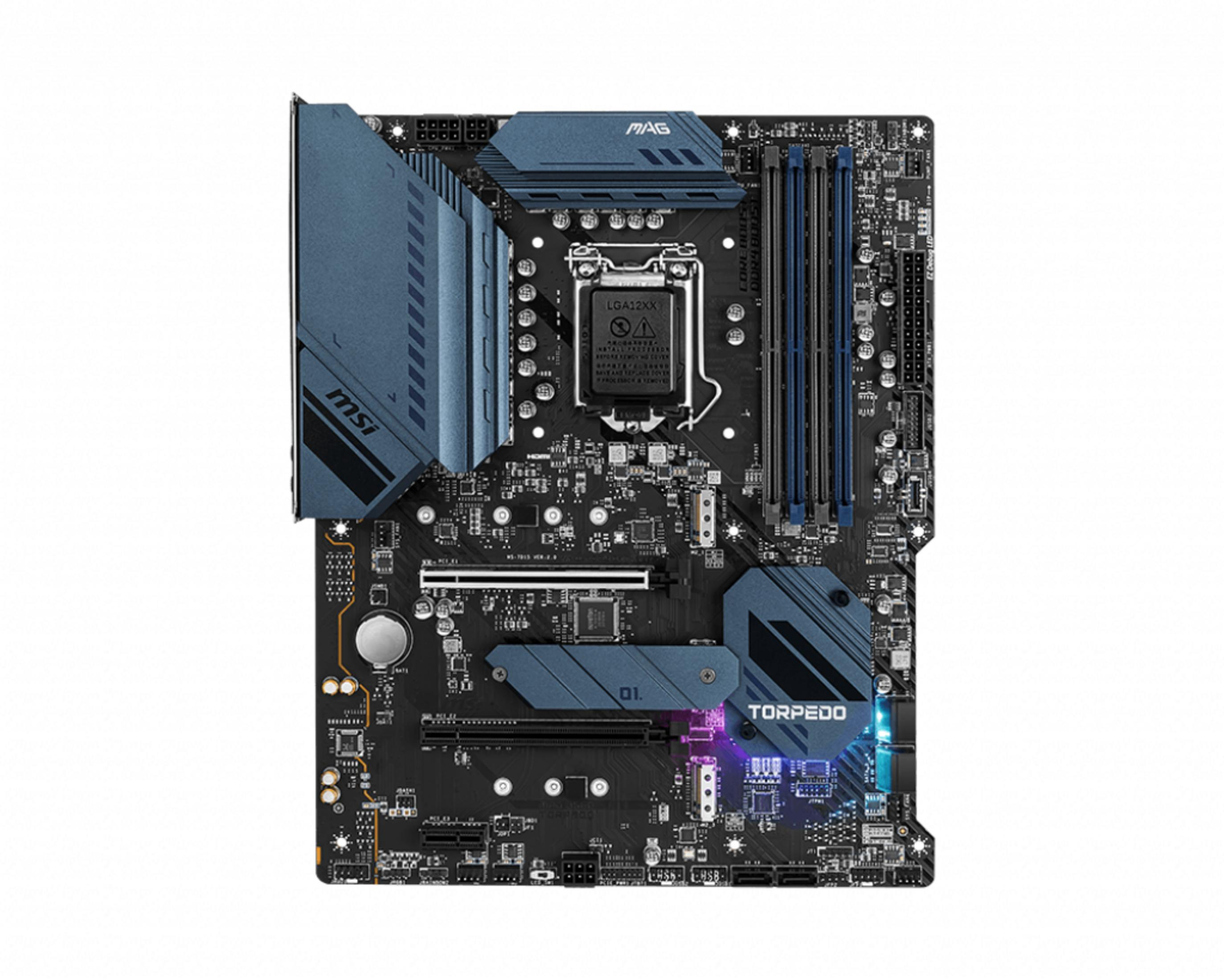 Ein schwarzes Motherboard mit blauen Kühlkörpern und RGB-Beleuchtung.
