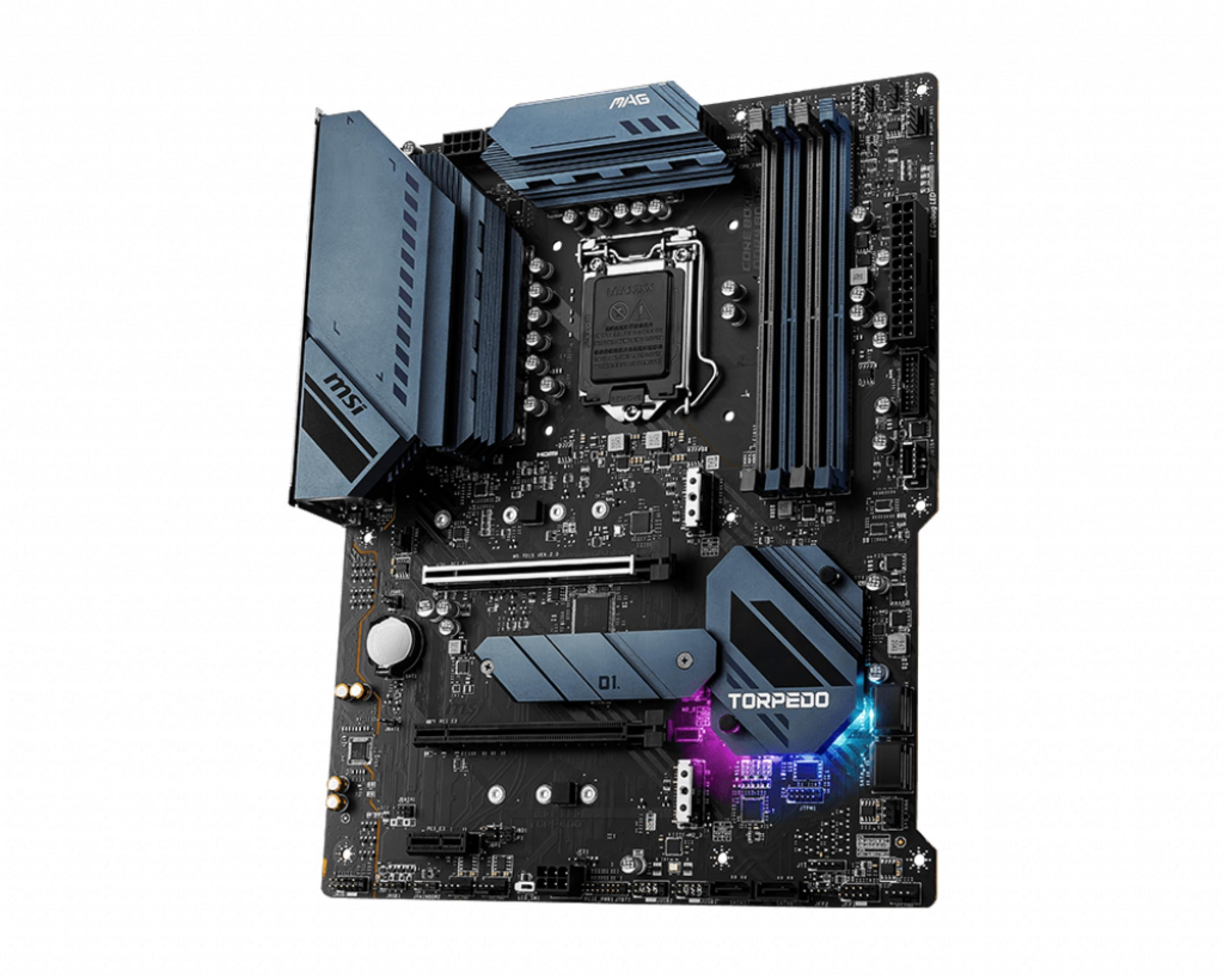 Ein schwarzes Motherboard mit blauen Kühlkörpern und RGB-Beleuchtung.