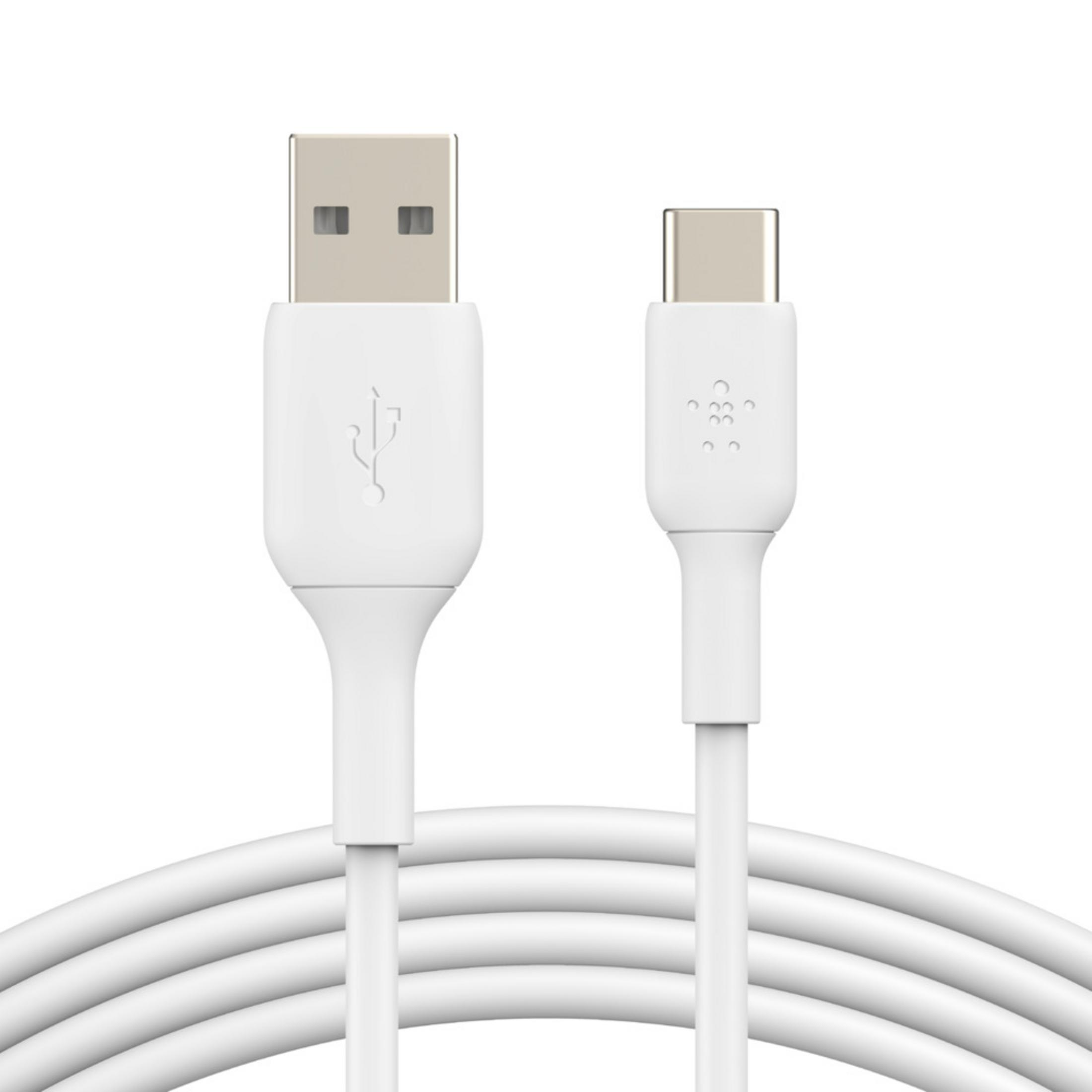 Un cavo USB-A a USB-C bianco con cordone e connettori.