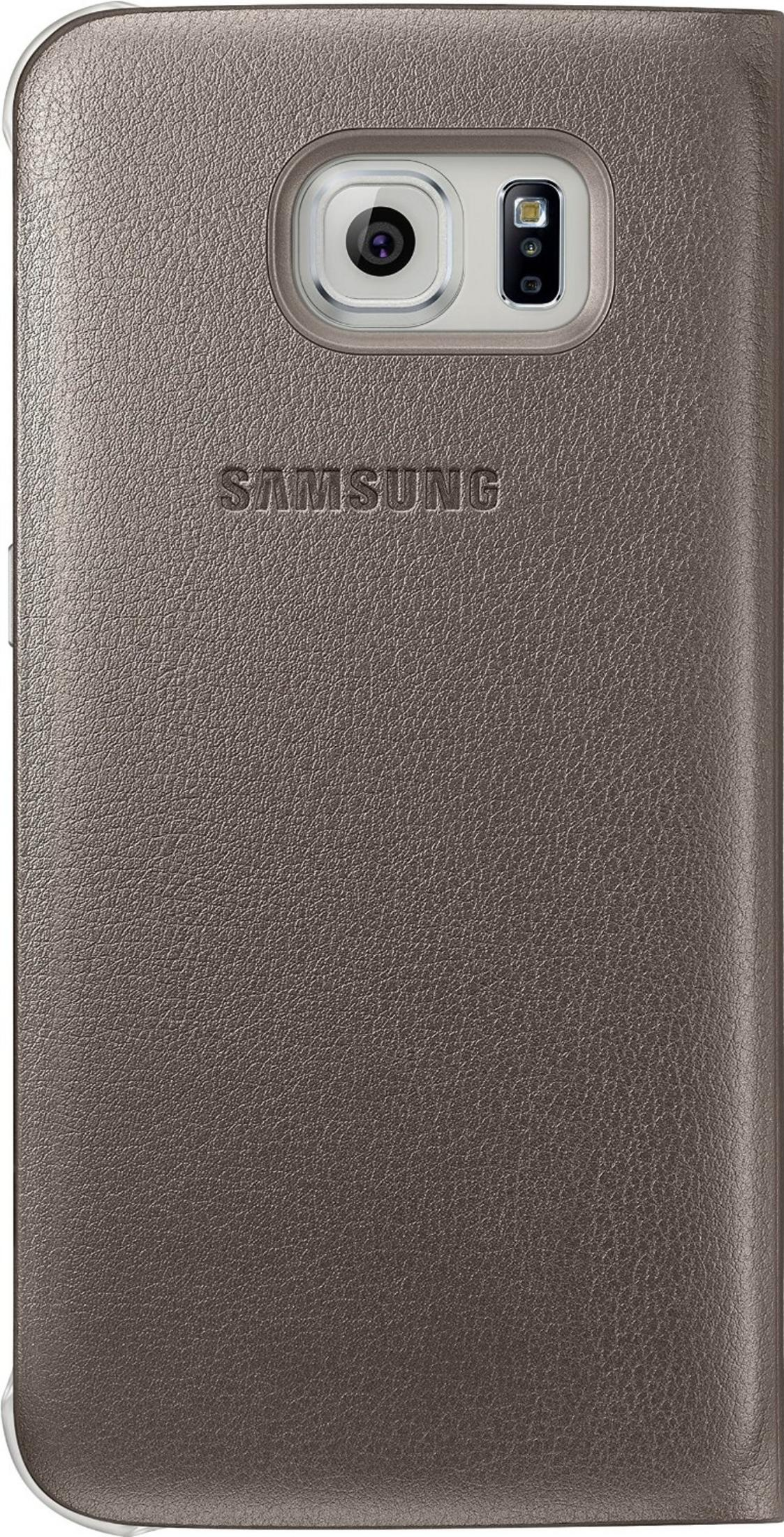 Retro di una custodia per telefono Samsung in pelle marrone con ritaglio per fotocamera.