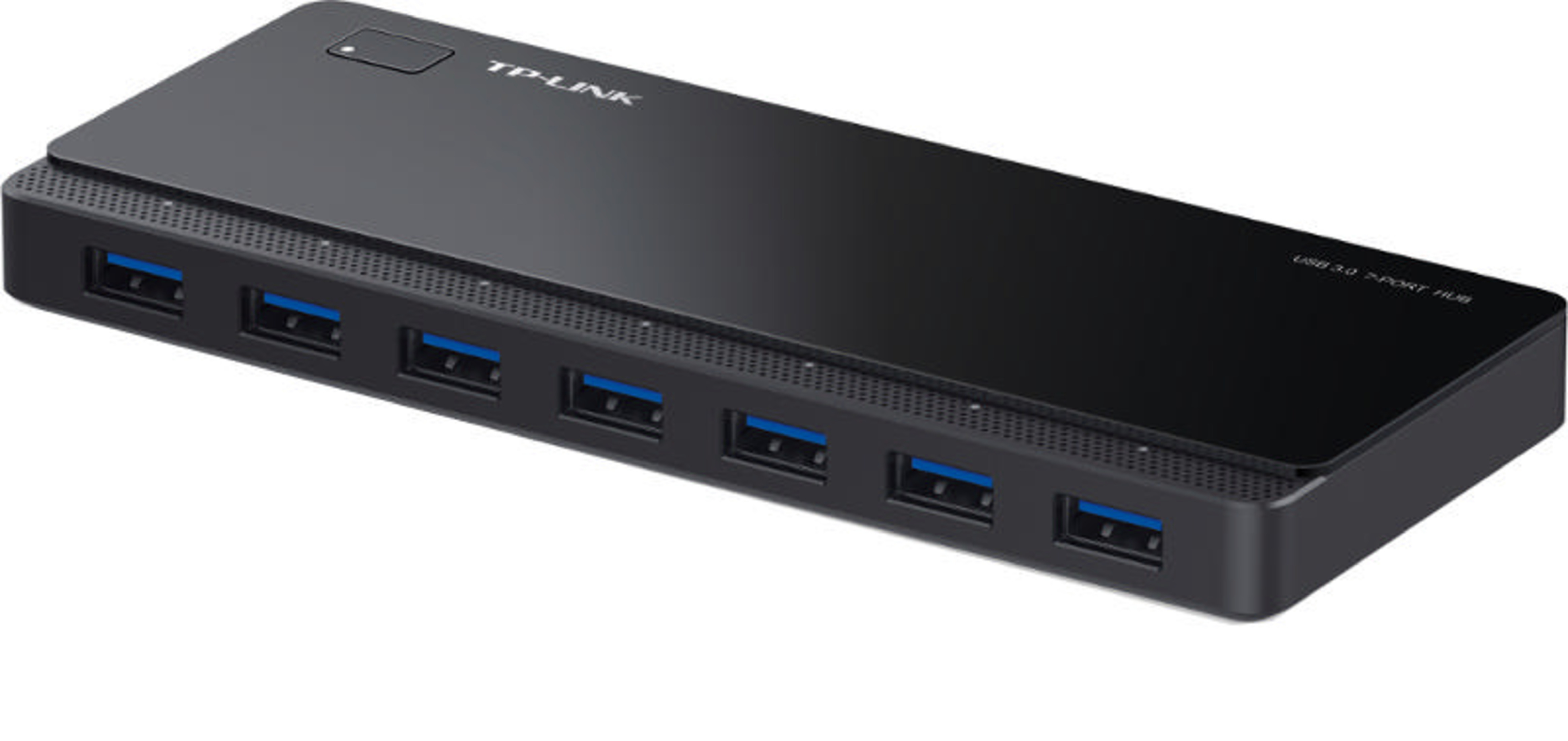 Un hub TP-Link USB 3.0 a 7 porte, nero, con porte blu.