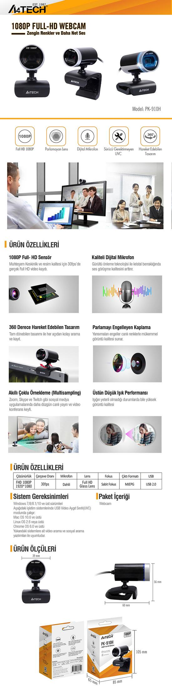 A4tech 1080p Full HD webcam, ayrıntılı özellikler ve boyutlar içerir.